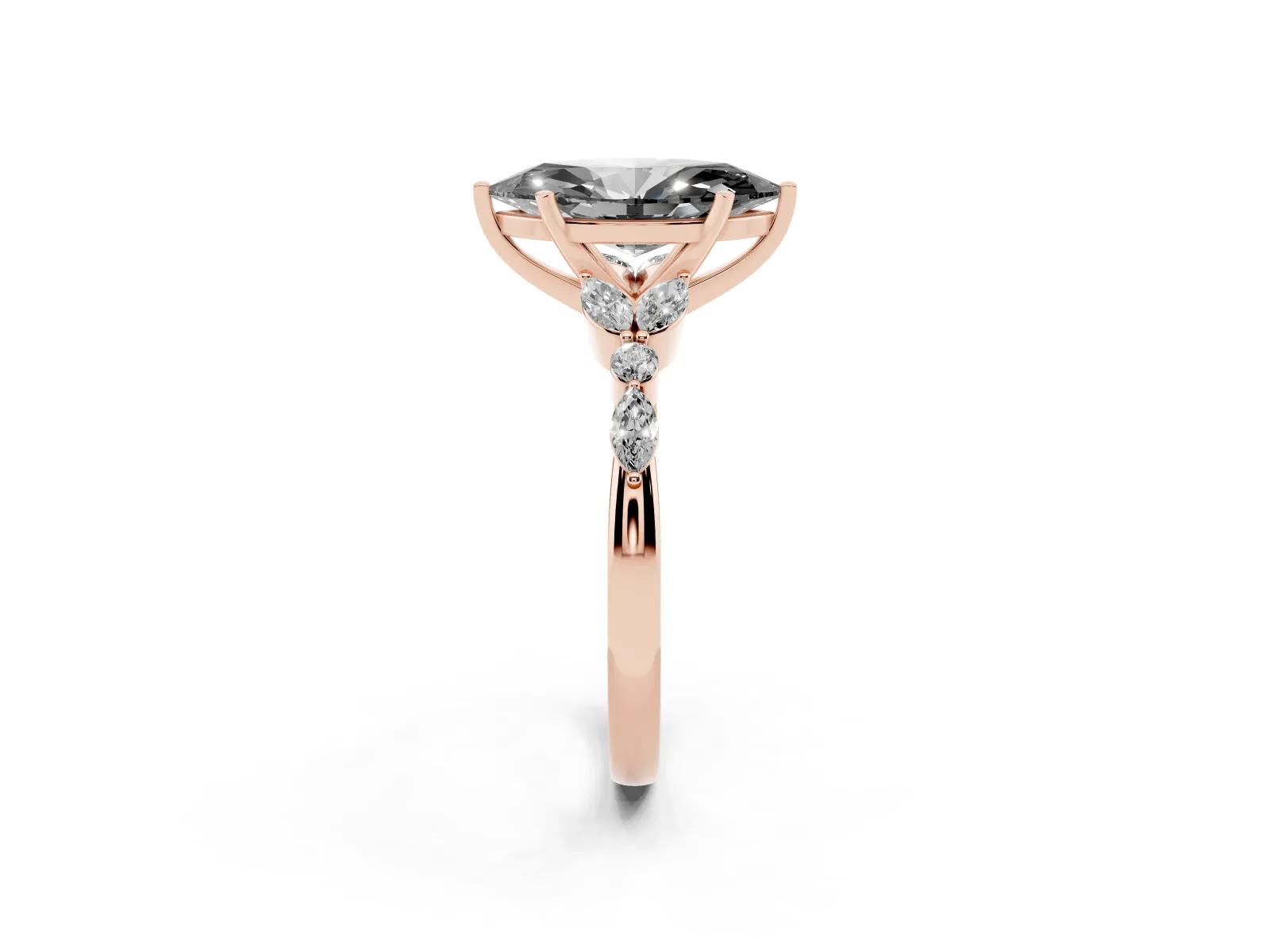 Fancy Black Marquise Cut Diamond Solitaire Ring with Side Stones and Four-Prong Setting Rose gold