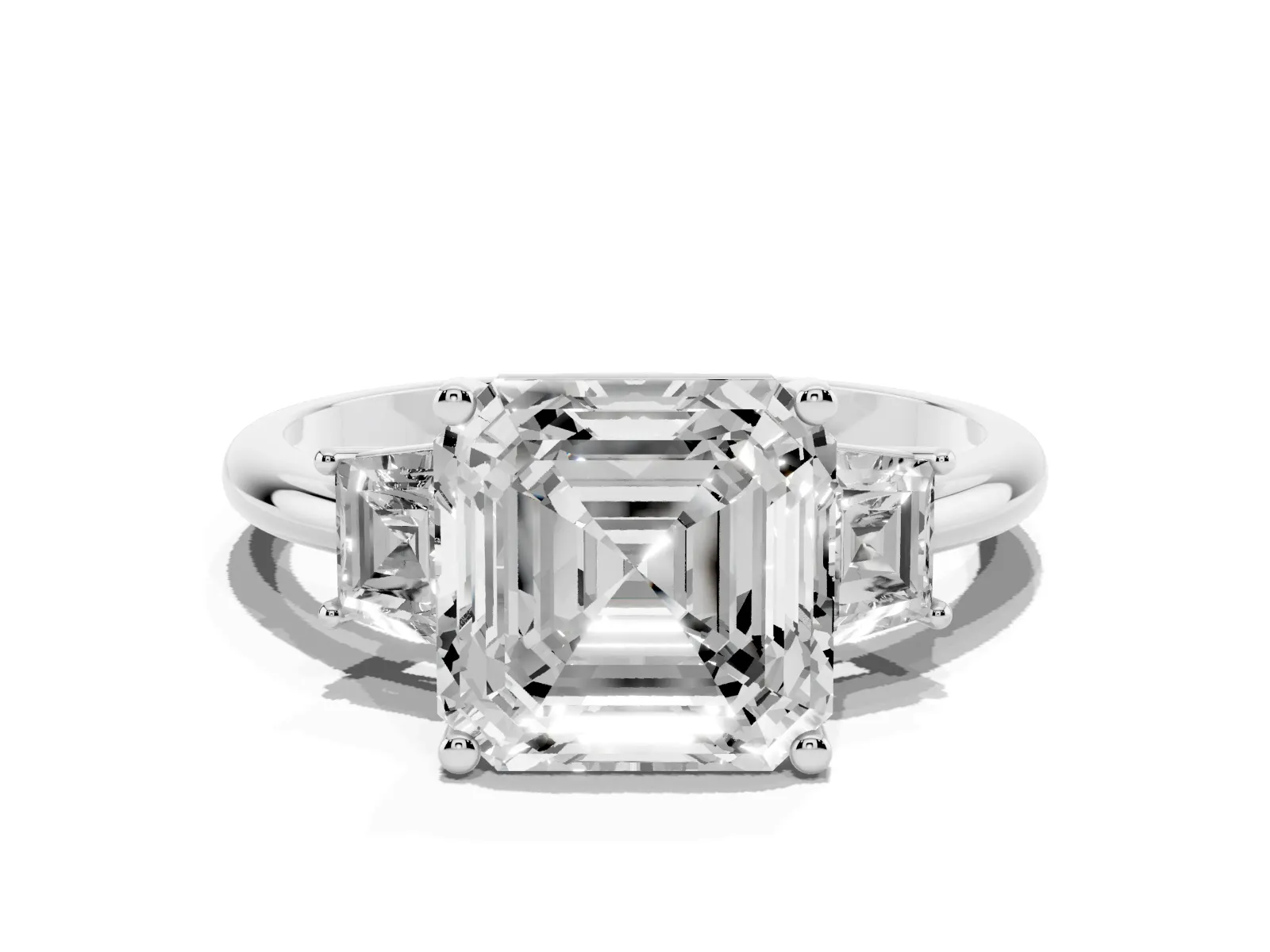 Asscher Cut Diamond Three-Stone Ring with Trapezoid Side Stones and Prong Setting White gold