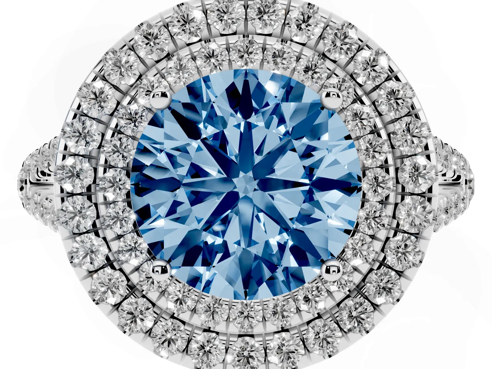 Fancy Blue Round Cut Diamond Double Halo Ring with Pavé Band and Prong Setting Platinum