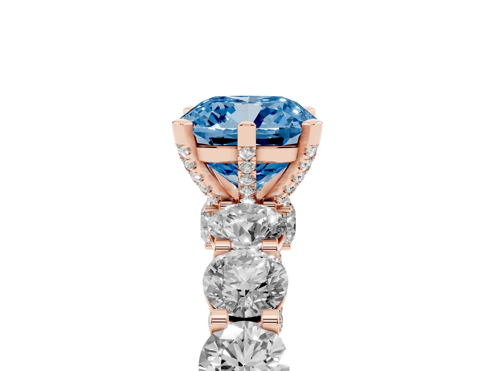 Fancy Blue Cushion Cut Diamond Side Stone Engagement Ring with Four-Prong Setting Rose gold