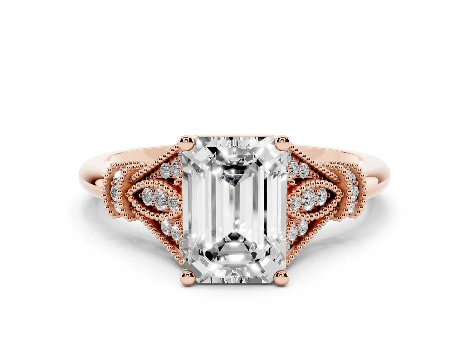 Emerald Cut Diamond Solitaire Ring with Floral Filigree and Pave Accents Rose gold