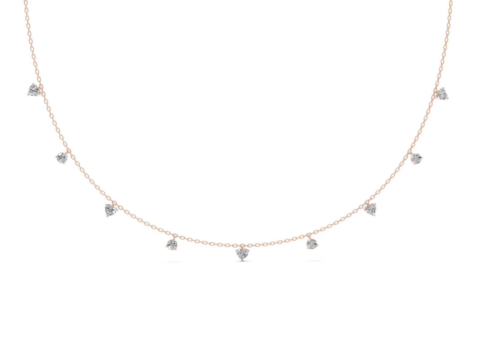Heart and Round Diamond Station Necklace Rose gold