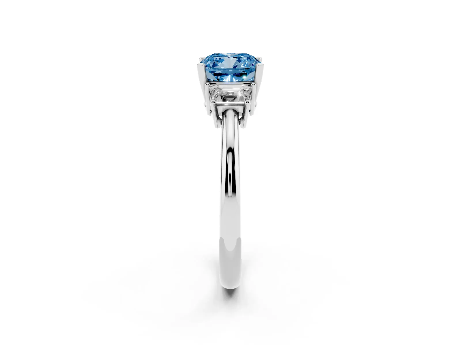 Fancy Blue Cushion Cut Diamond Three-Stone Ring with Trapezoid Side Stones and Prong Setting Platinum