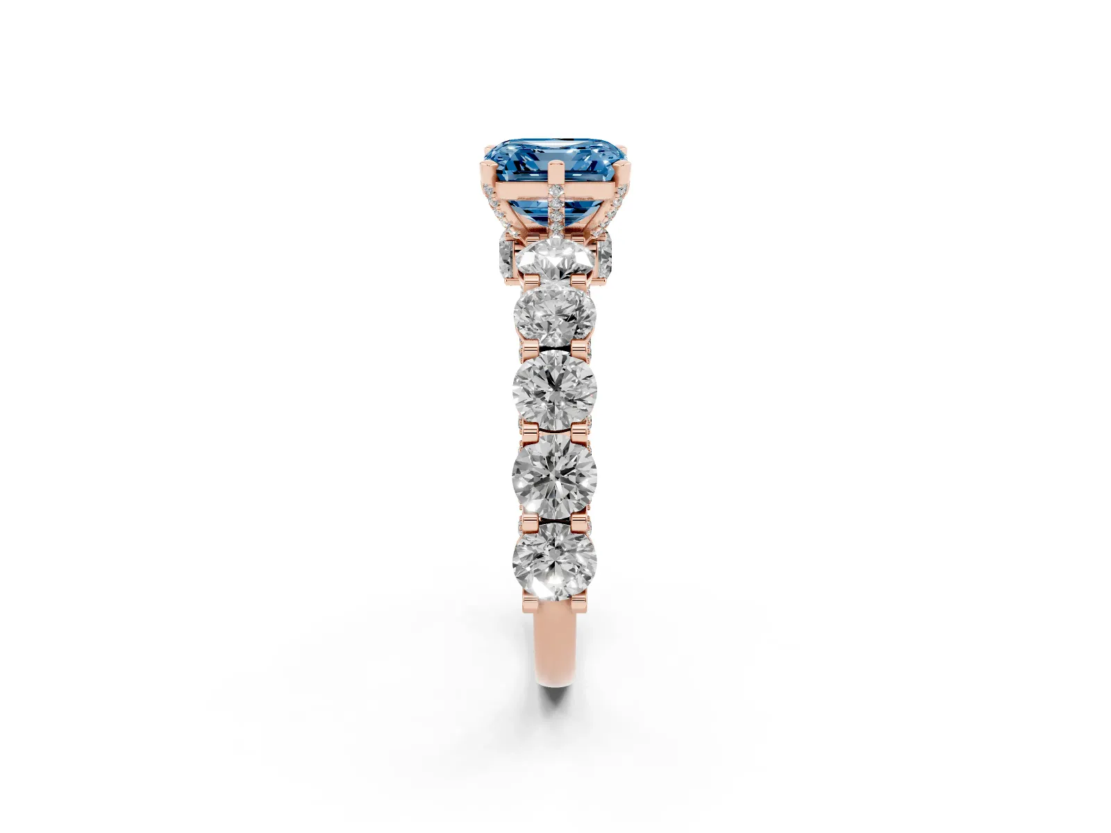Fancy Blue Asscher Cut Diamond Side Stone Engagement Ring with Four-Prong Setting Rose gold