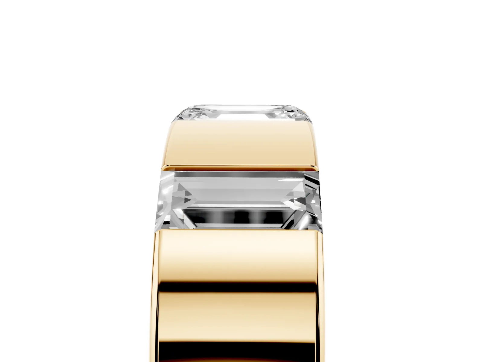 Emerald Cut Diamond Three-Stone Mens Ring with Baguette Side Stones Yellow gold