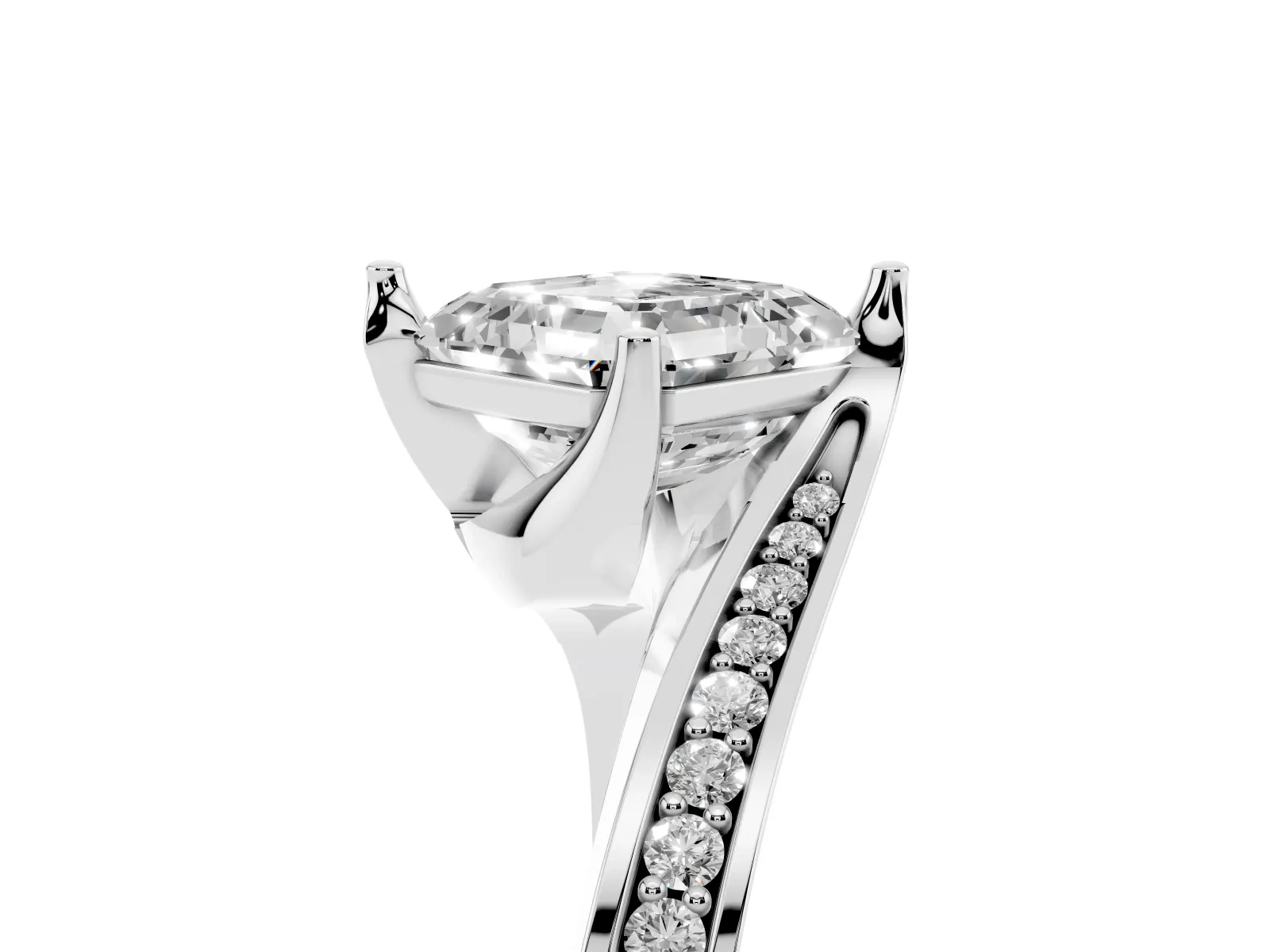Asscher Cut Solitaire Diamond Twist Band with Pavé Setting and Four-Prong Setting Platinum