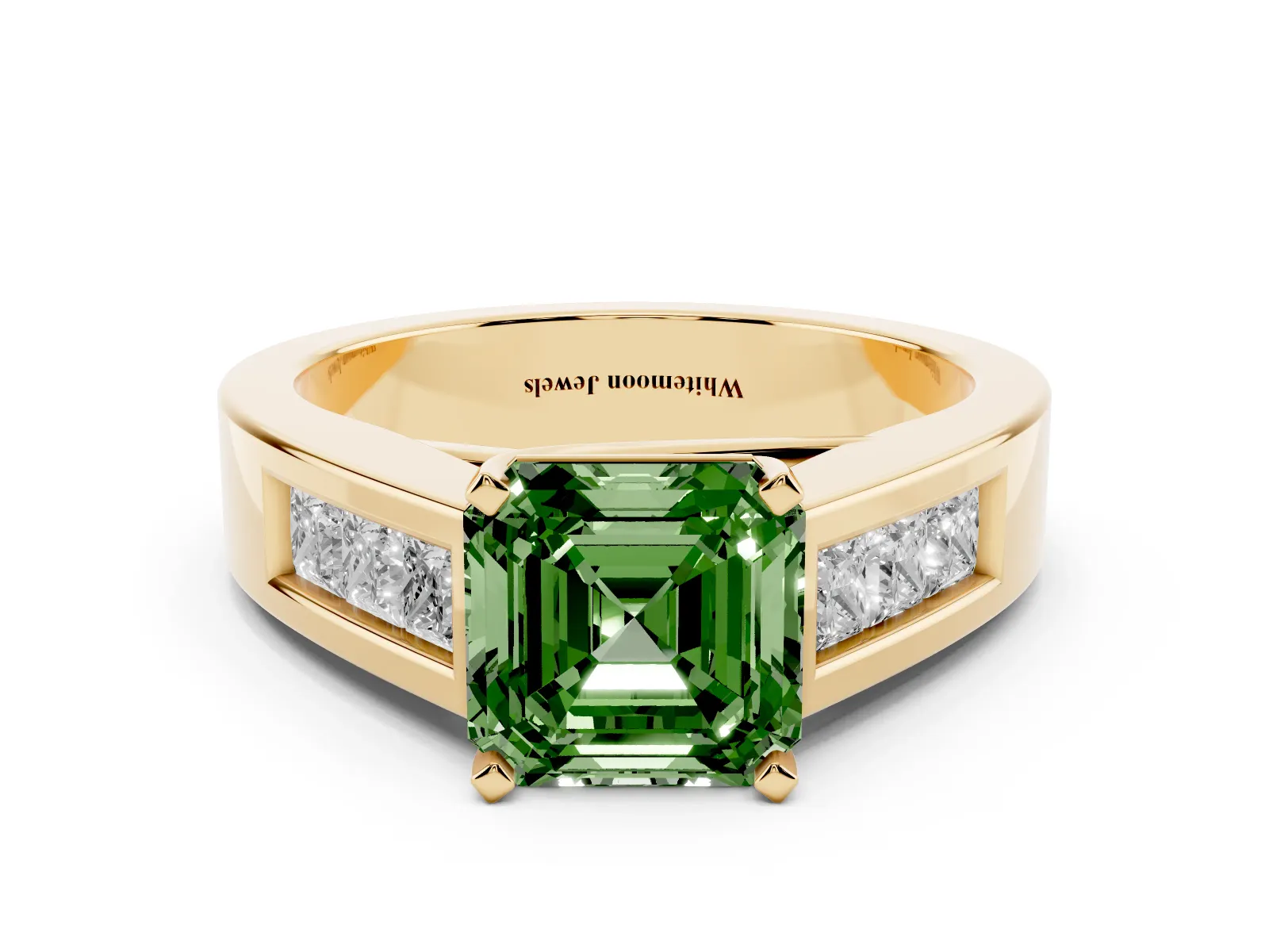 Fancy Green Asscher Cut Cut Channel Set Solitaire Ring with Four-Prong Setting Yellow gold