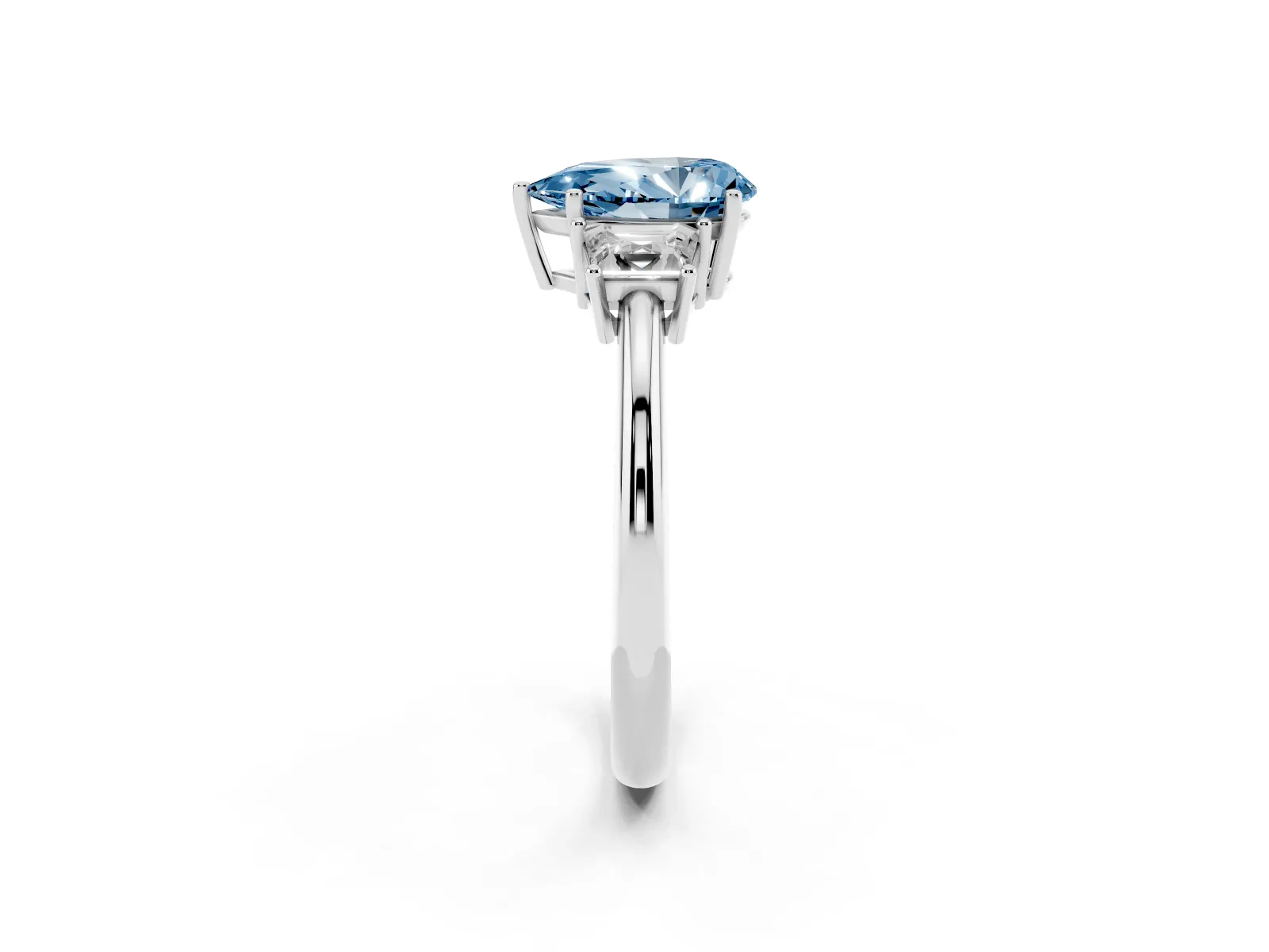Fancy Blue Pear Cut Diamond Three-Stone Ring with Trapezoid Side Stones and Prong Setting Platinum