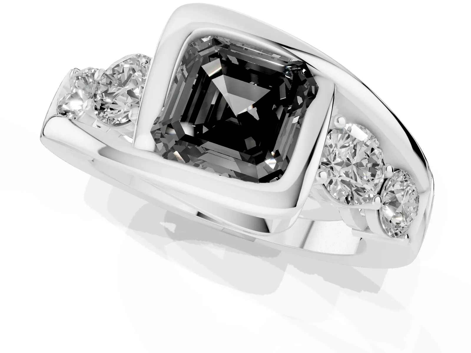 Fancy Black Bezel Set Asscher Cut Diamond Bypass Ring with Round Accents Platinum