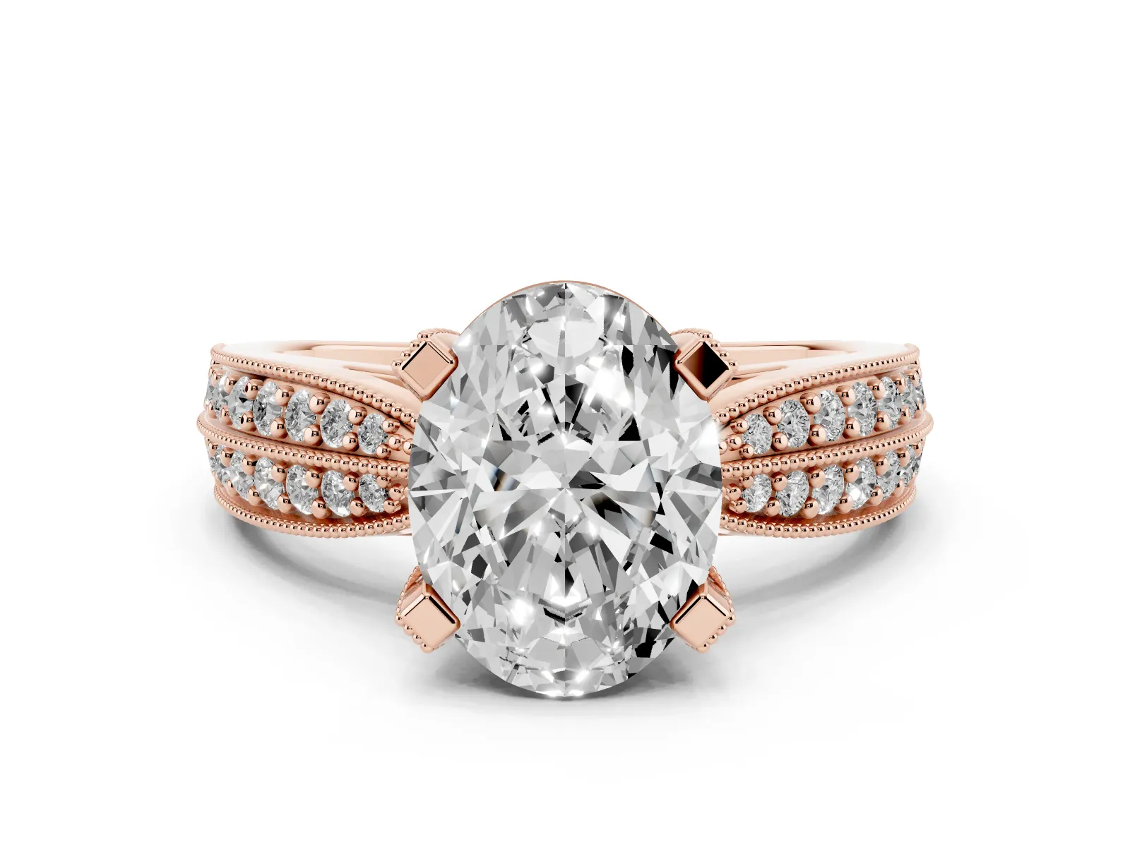 Oval Cut Diamond Solitaire Ring with Milgrain Round Pavé Band and Prong Setting Rose gold