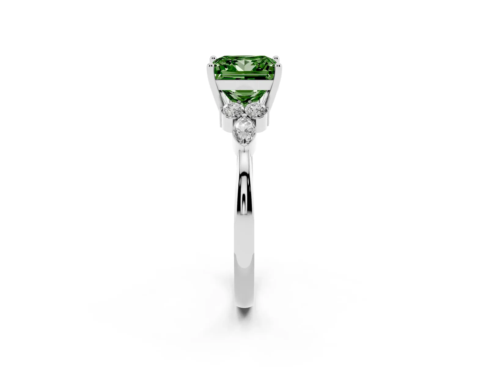 Fancy Green Princess Cut Brilliant Diamond Solitaire Ring with Pear Side Stones and Four-Prong Setting Platinum