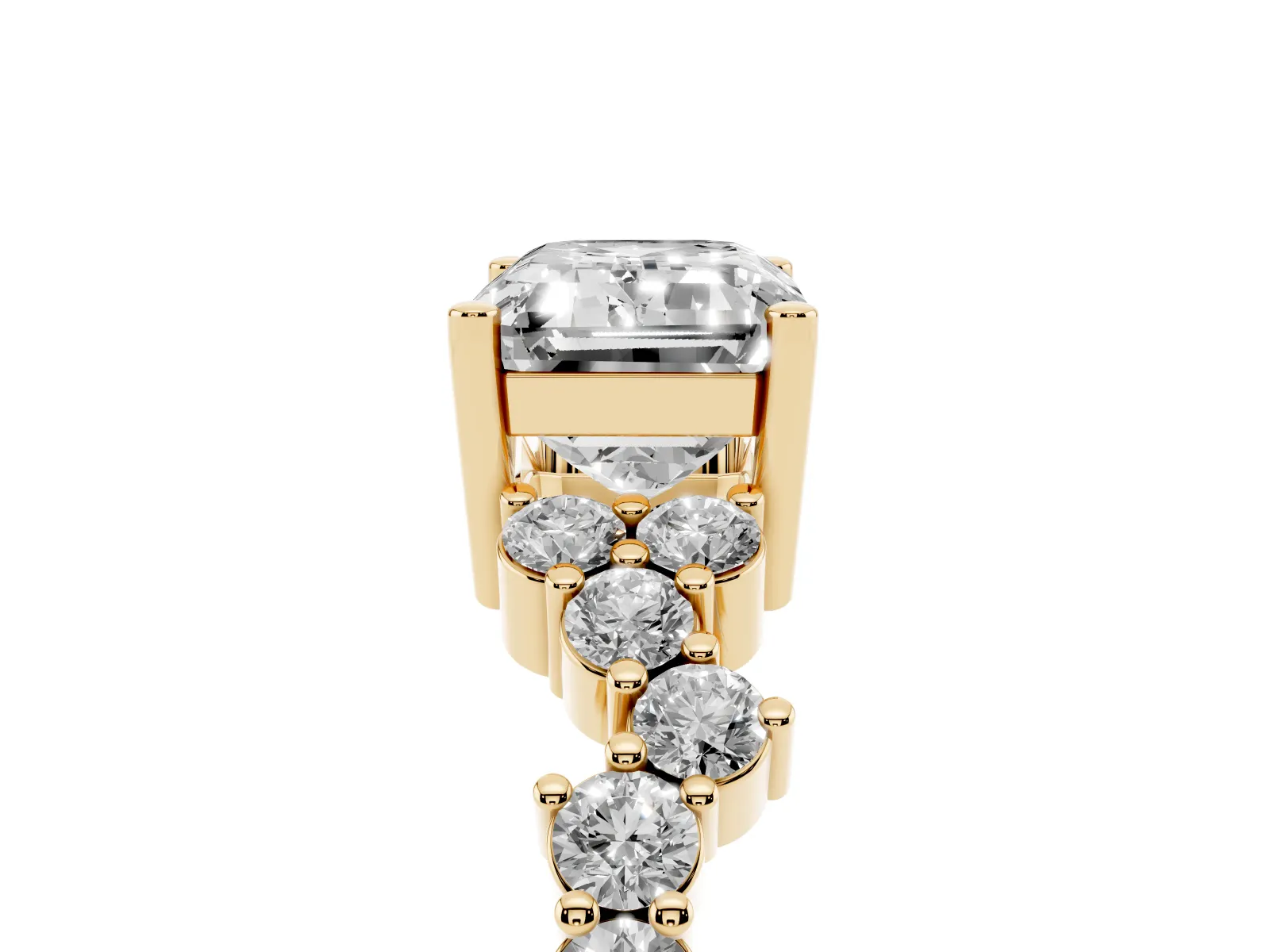 Emerald Cut Diamond Scattered Round Accent Ring with Prong Setting Yellow gold