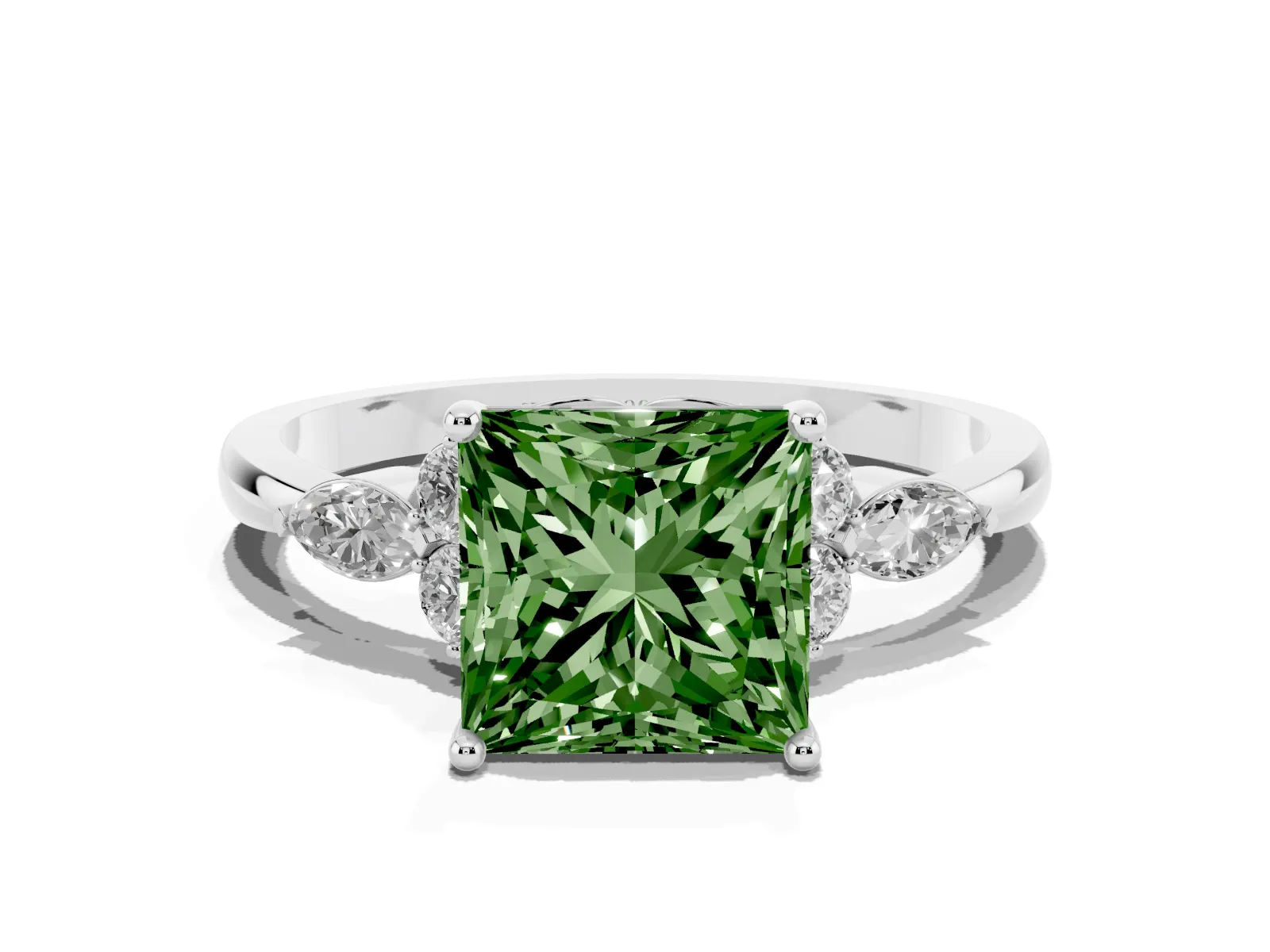 Fancy Green Princess Cut Brilliant Diamond Solitaire Ring with Pear Side Stones and Four-Prong Setting Platinum