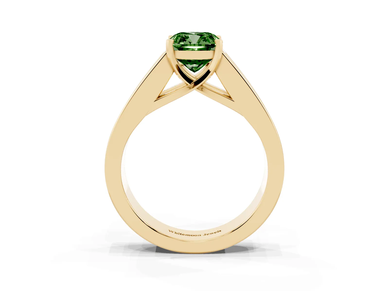 Fancy Green Cushion Cut Cut Channel Set Solitaire Ring with Four-Prong Setting Yellow gold