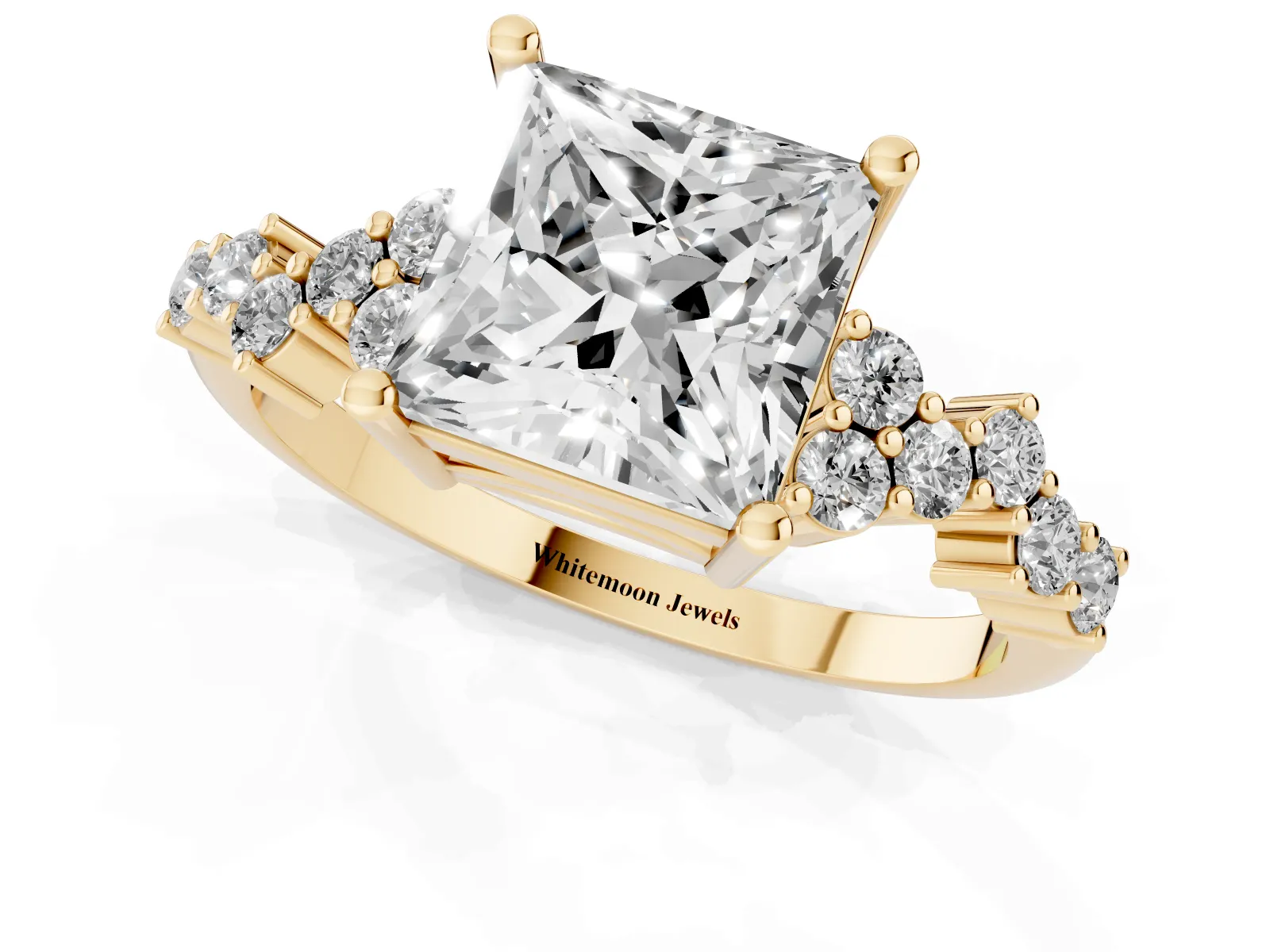 Princess Cut Diamond Scattered Round Accent Ring with Prong Setting Yellow gold