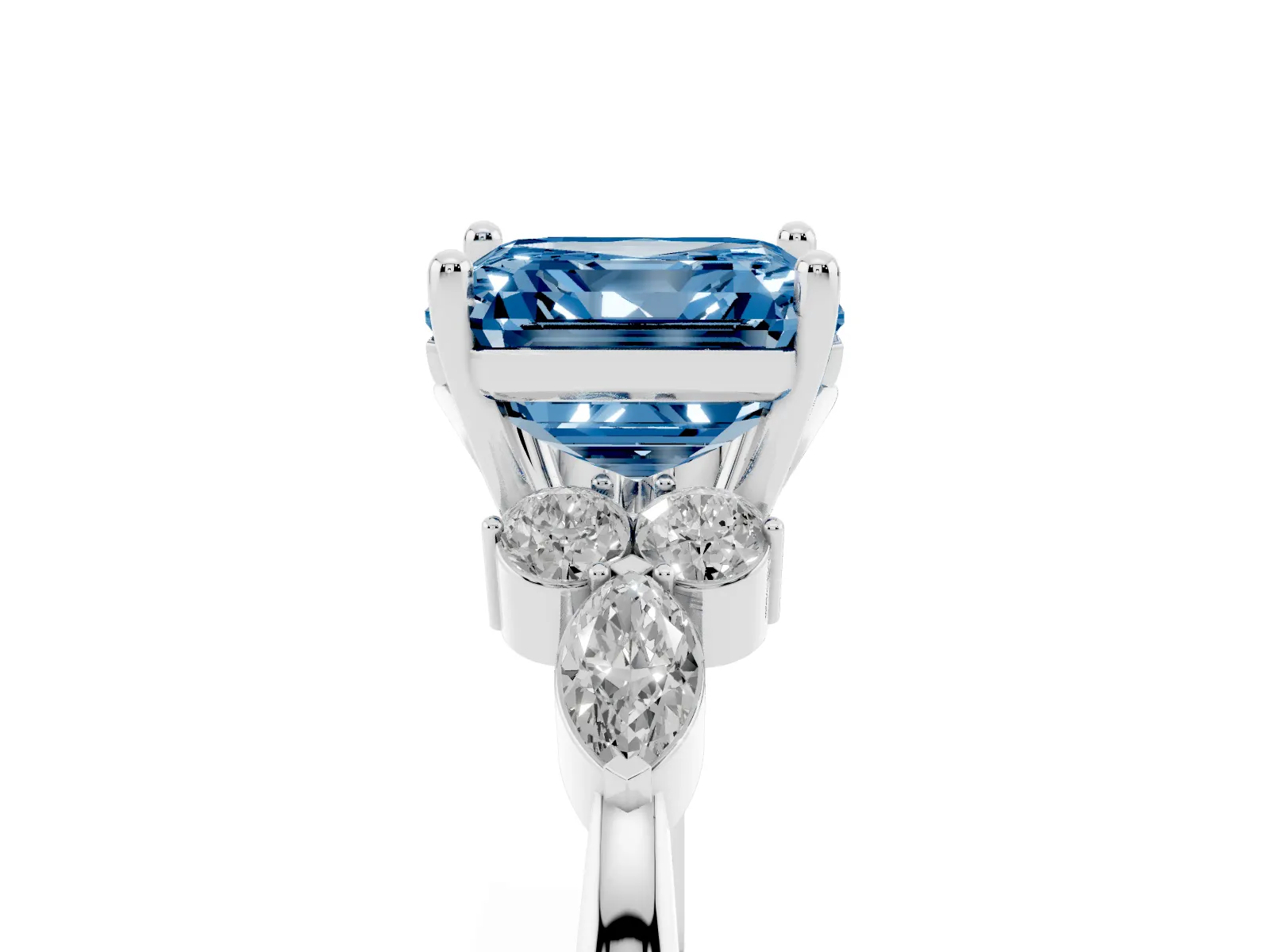 Fancy Blue Asscher Cut Brilliant Diamond Solitaire Ring with Pear Side Stones and Four-Prong Setting Platinum