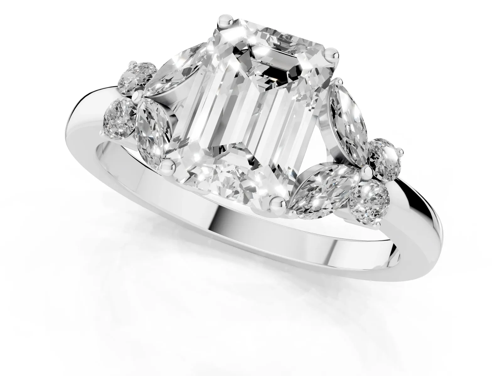 Emerald Cut Cut Solitaire Floral Diamond Ring with Four-Prong Setting Platinum