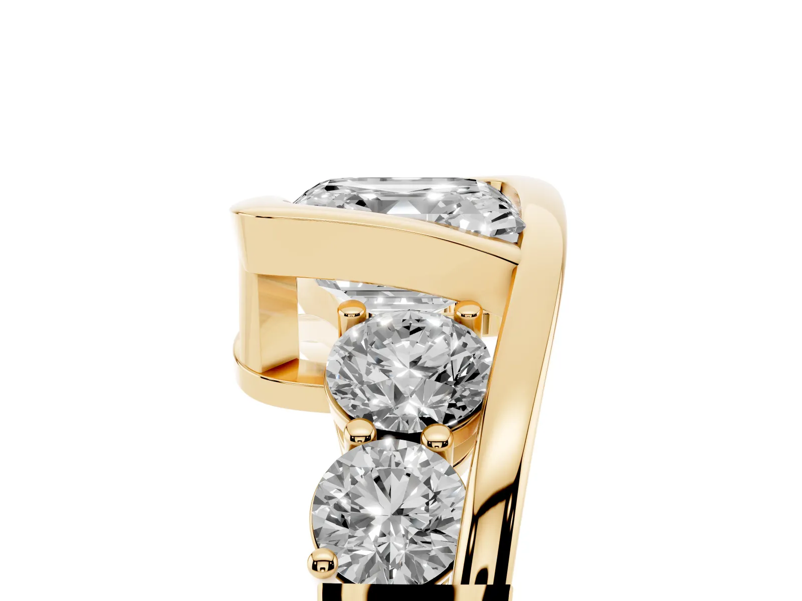 Bezel Set Asscher Cut Diamond Bypass Ring with Round Accents Yellow gold