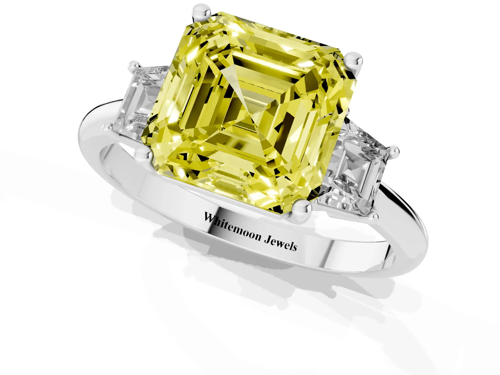 Fancy Yellow Asscher Cut Diamond Three-Stone Ring with Trapezoid Side Stones and Prong Setting White gold