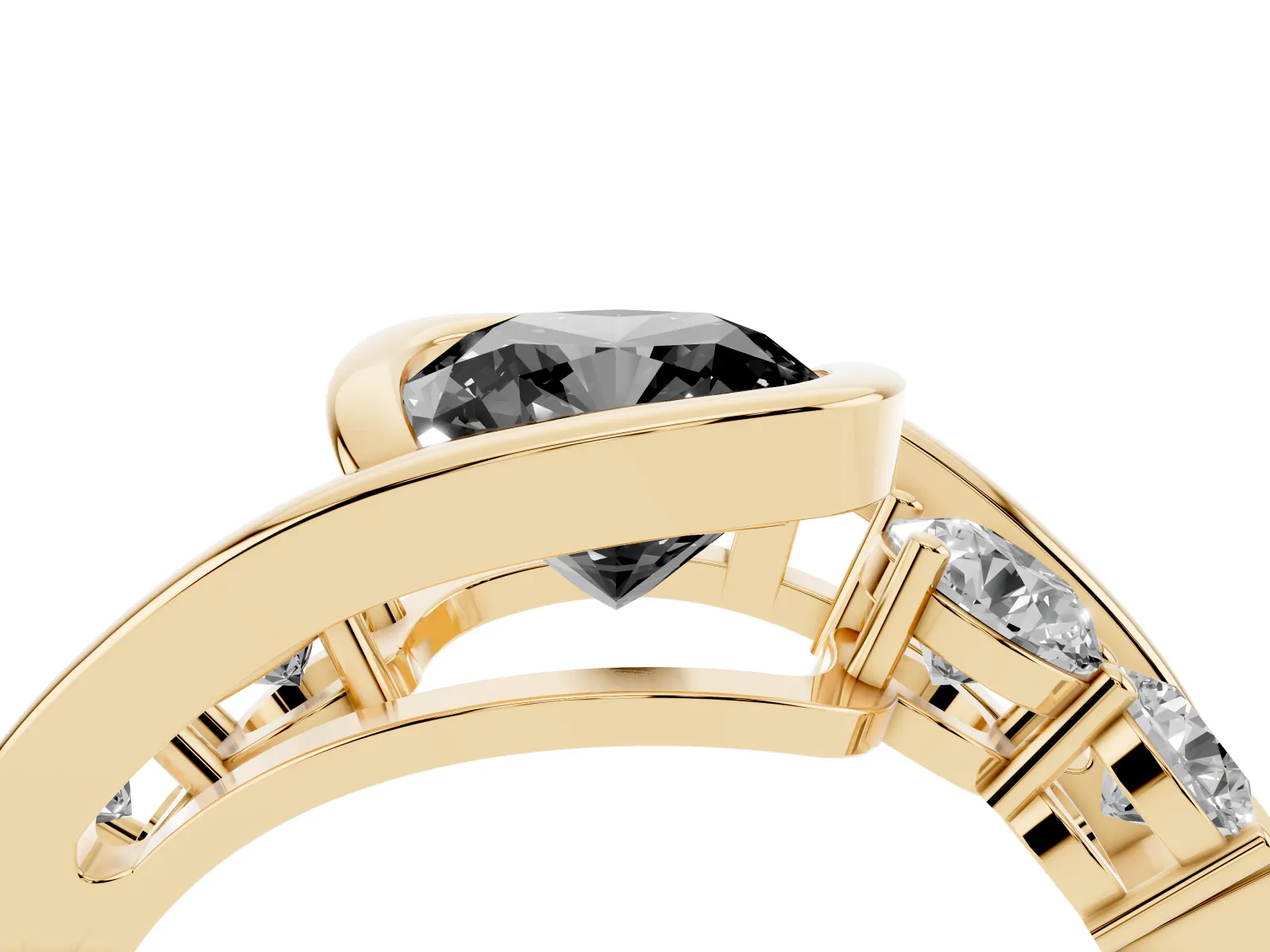 Fancy Black Bezel Set Cushion Cut Diamond Bypass Ring with Round Accents Yellow gold
