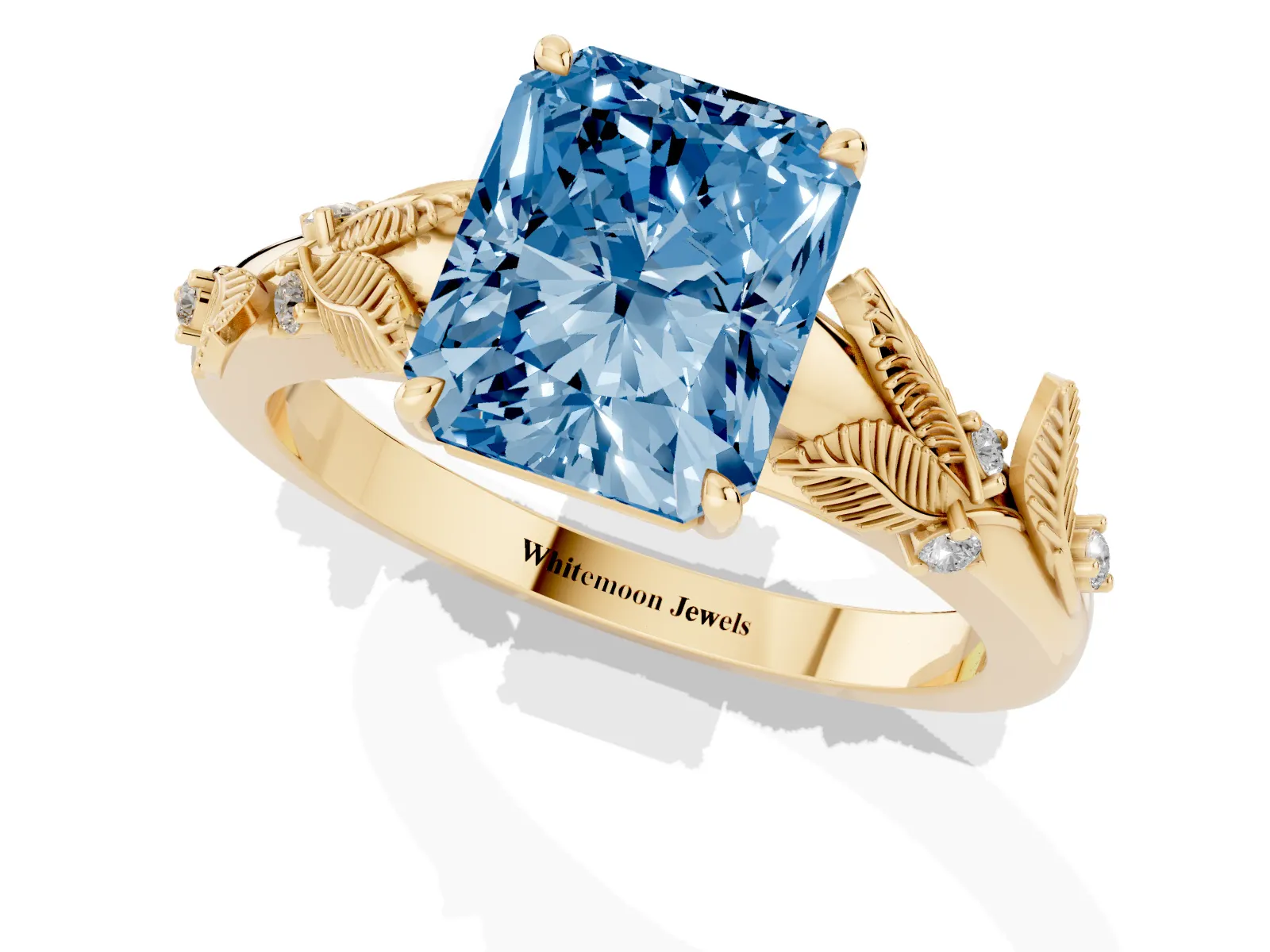 Fancy Blue Radiant Cut Diamond Solitaire Ring with Leaf Motif Band and Four-Prong Setting Yellow gold