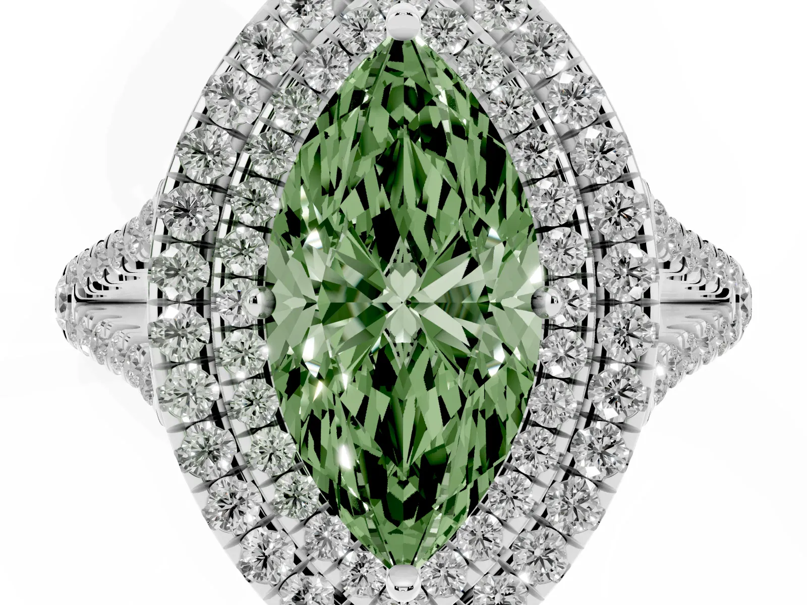 Fancy Green Marquise Cut Diamond Double Halo Ring with Pavé Band and Prong Setting Platinum