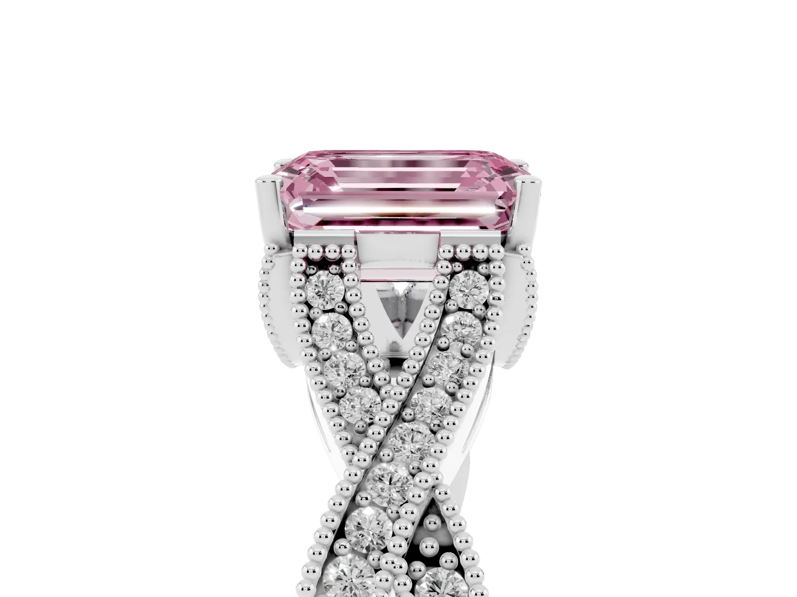 Fancy Pink Emerald Cut Cut Diamond Twisted Band with Milgrain Pave Setting and Four-Prong Setting Platinum
