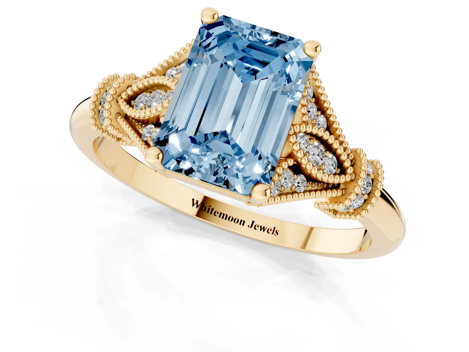 Fancy Blue Emerald Cut Diamond Solitaire Ring with Floral Filigree and Pave Accents Yellow gold