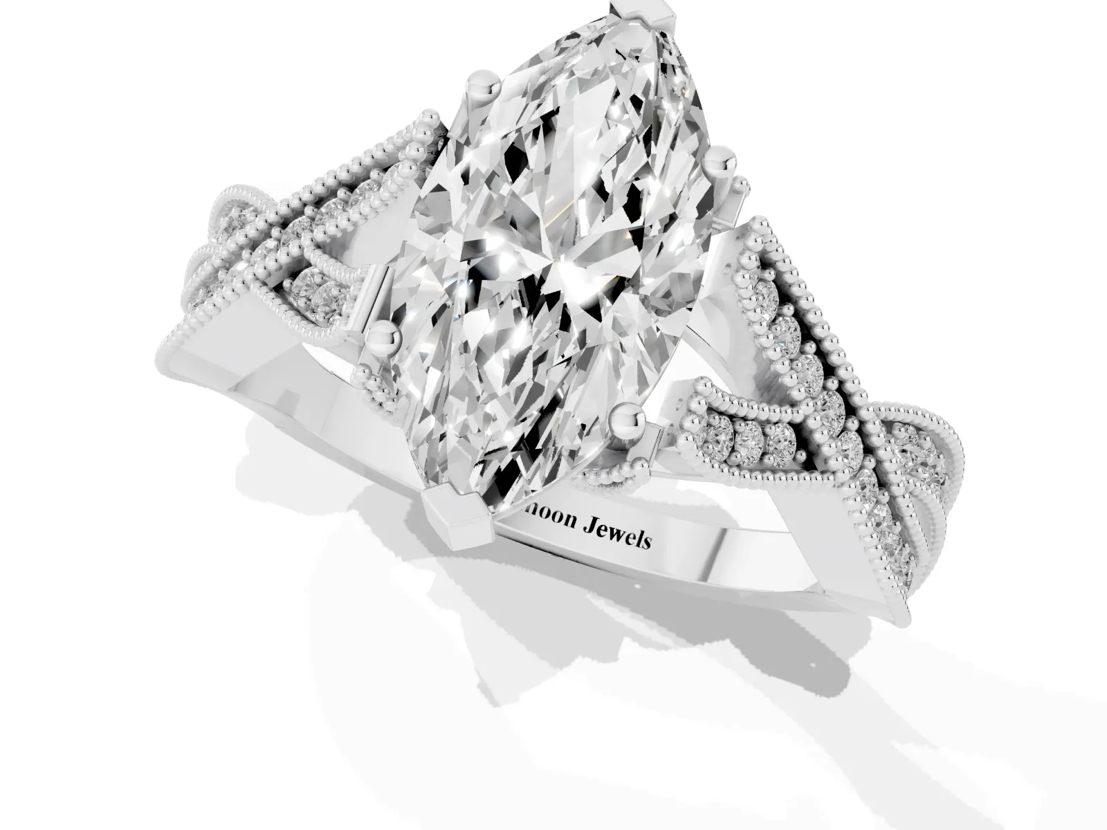 Marquise Cut Cut Diamond Twisted Band with Milgrain Pave Setting and Four-Prong Setting Platinum