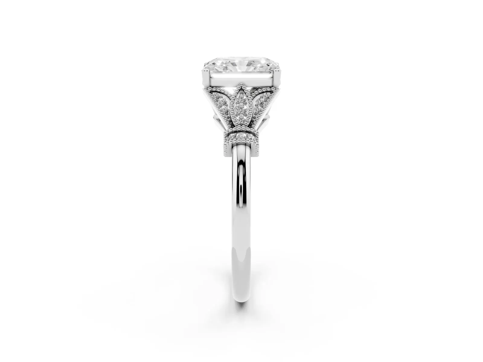 Radiant Cut Diamond Solitaire Ring with Floral Filigree and Pave Accents Platinum