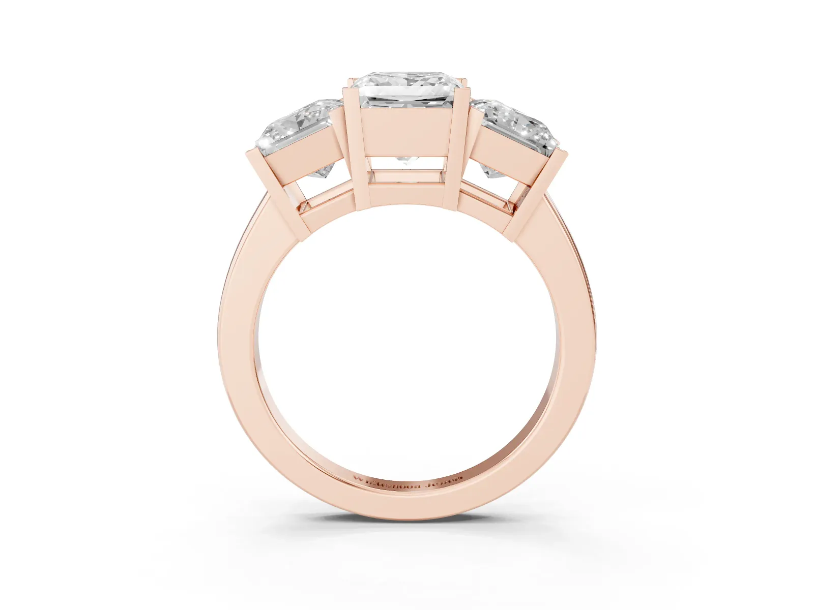 Three-Stone Princess Cut Cut Diamond Ring with Channel Set Band and Four-Prong Setting Rose gold