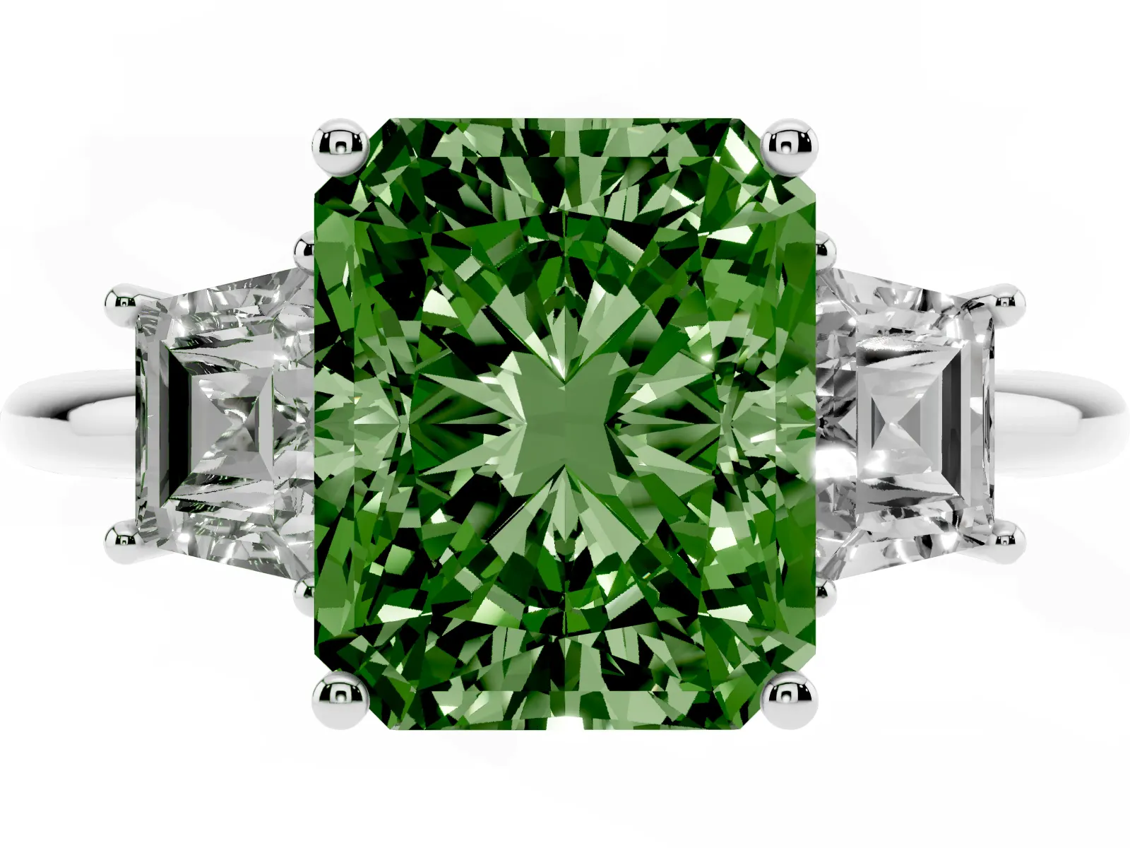Fancy Green Radiant Cut Diamond Three-Stone Ring with Trapezoid Side Stones and Prong Setting Platinum