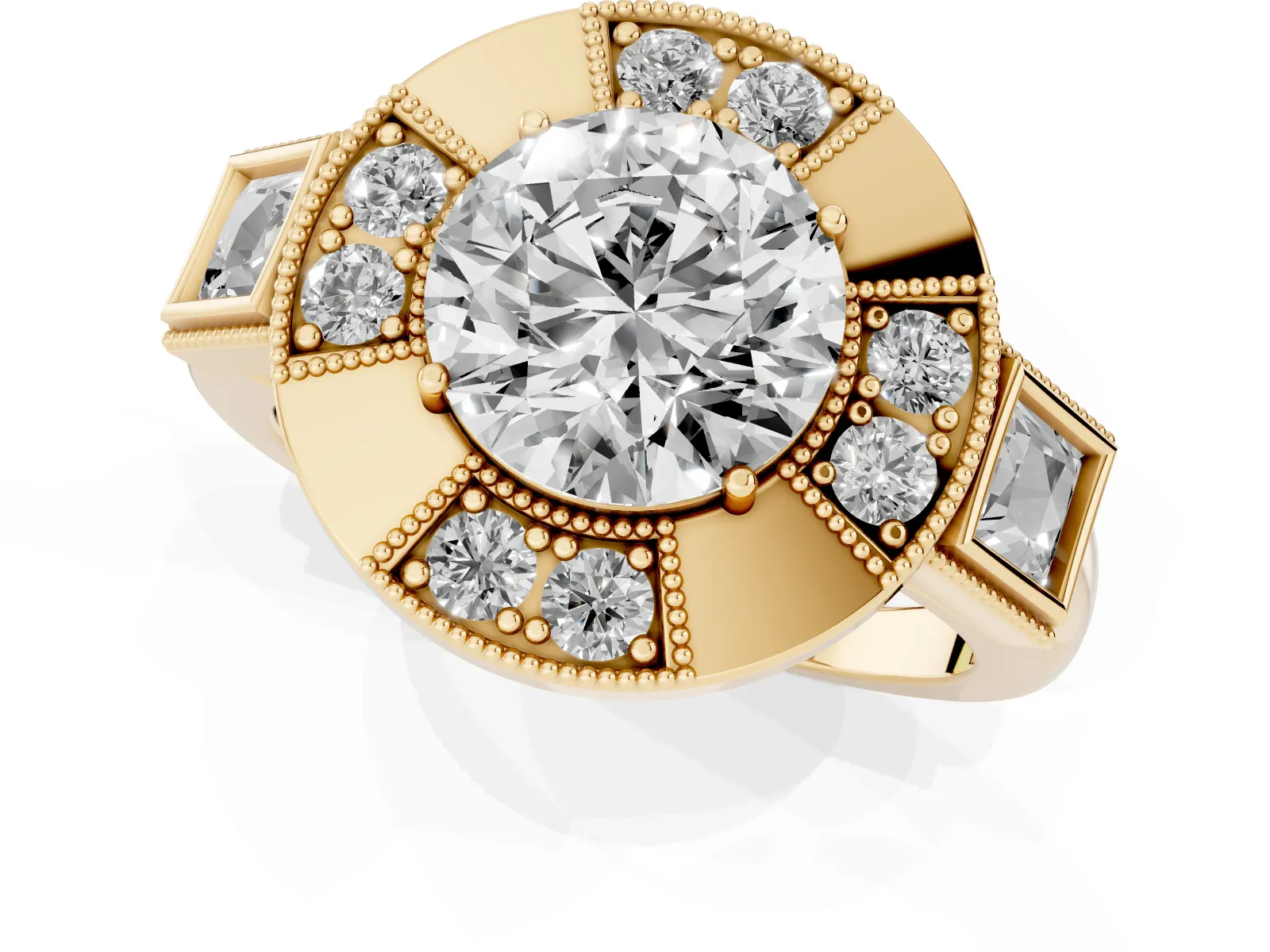 Milgrain Round Cut Diamond Halo Split Shank Ring Yellow gold