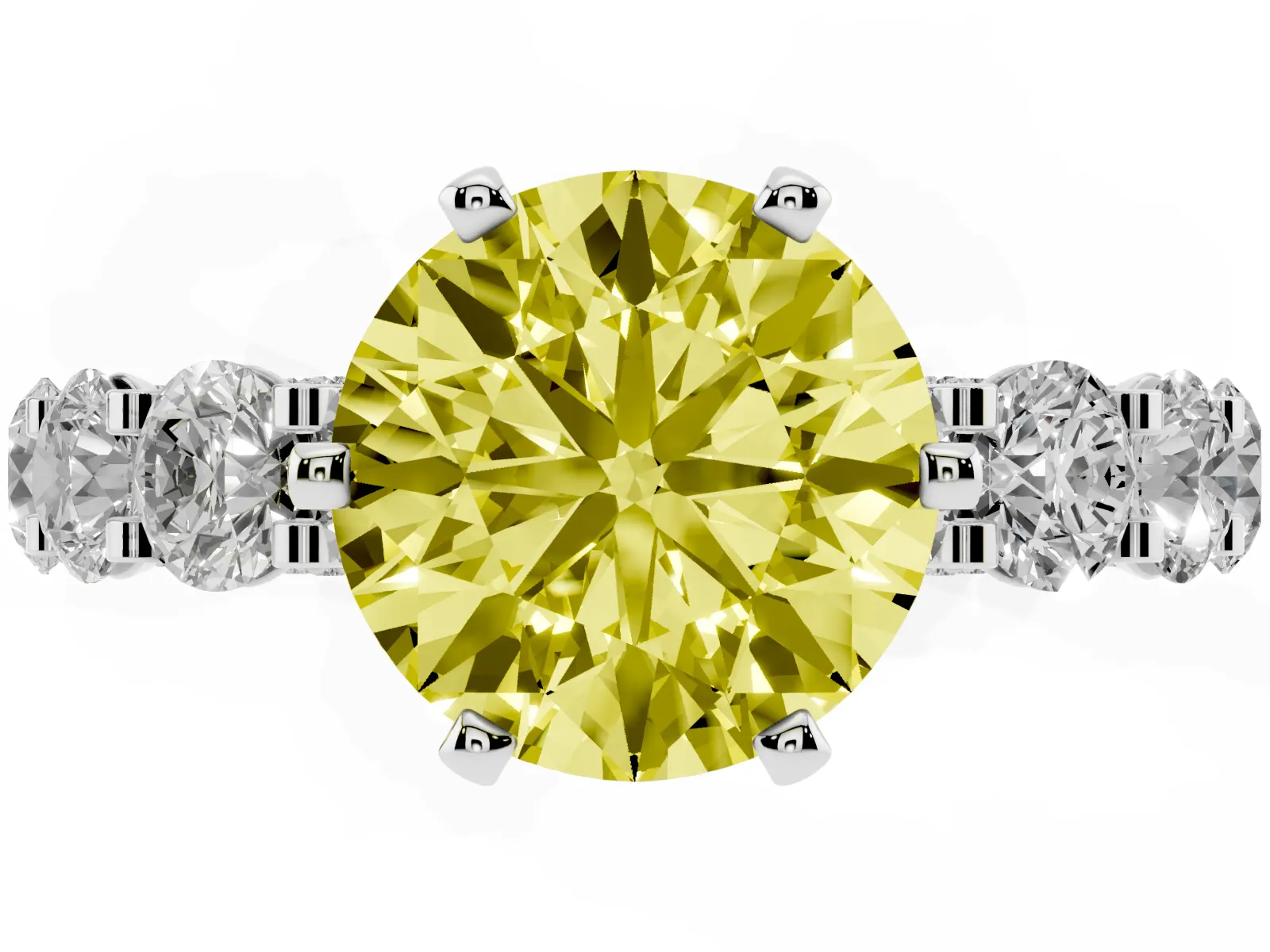 Fancy Yellow Round Cut Diamond Side Stone Engagement Ring with Four-Prong Setting White gold