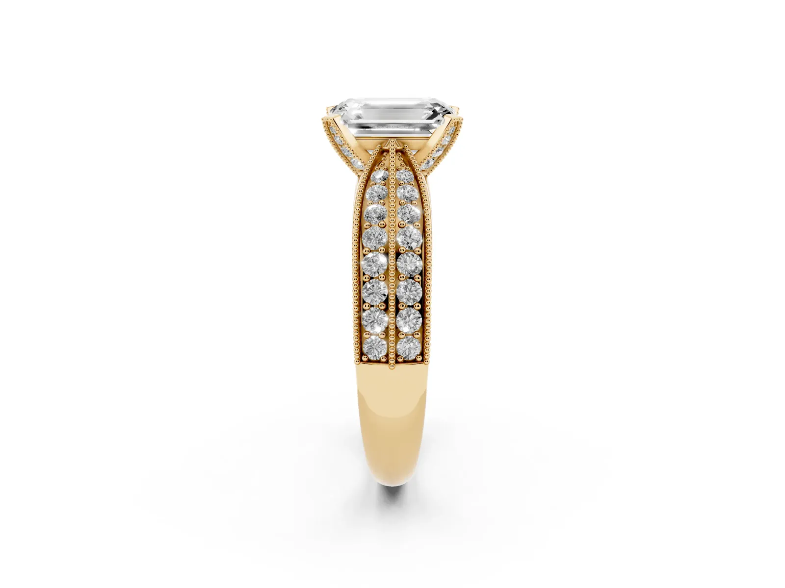 Emerald Cut Diamond Solitaire Ring with Milgrain Round Pavé Band and Prong Setting Yellow gold