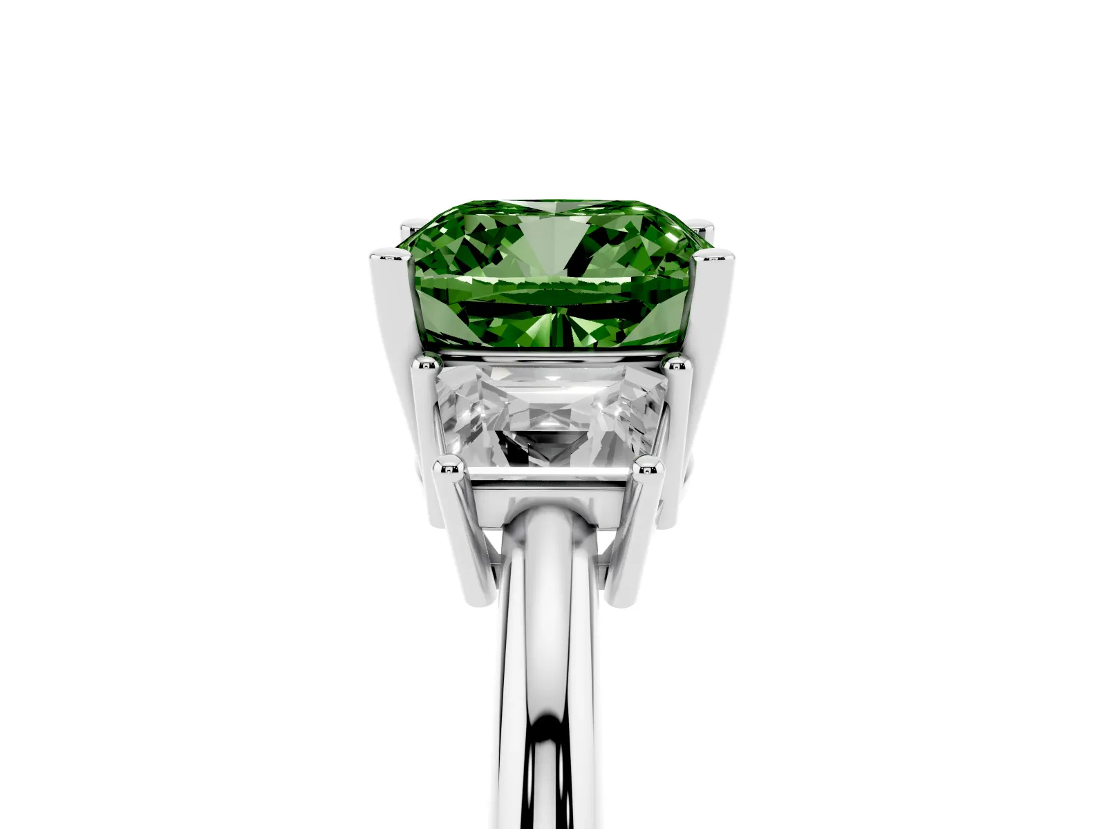 Fancy Green Cushion Cut Diamond Three-Stone Ring with Trapezoid Side Stones and Prong Setting Platinum