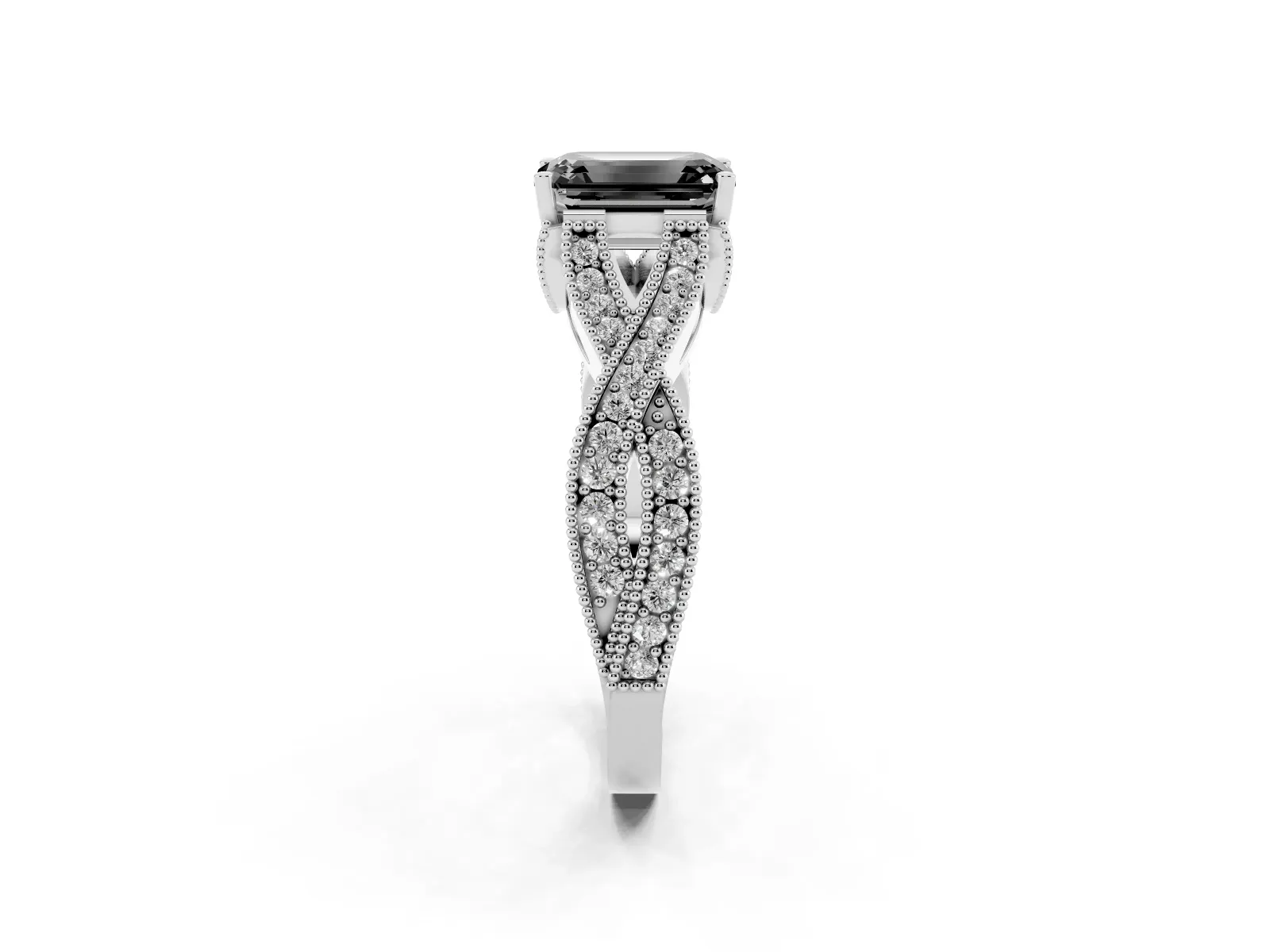 Fancy Black Emerald Cut Cut Diamond Twisted Band with Milgrain Pave Setting and Four-Prong Setting Platinum