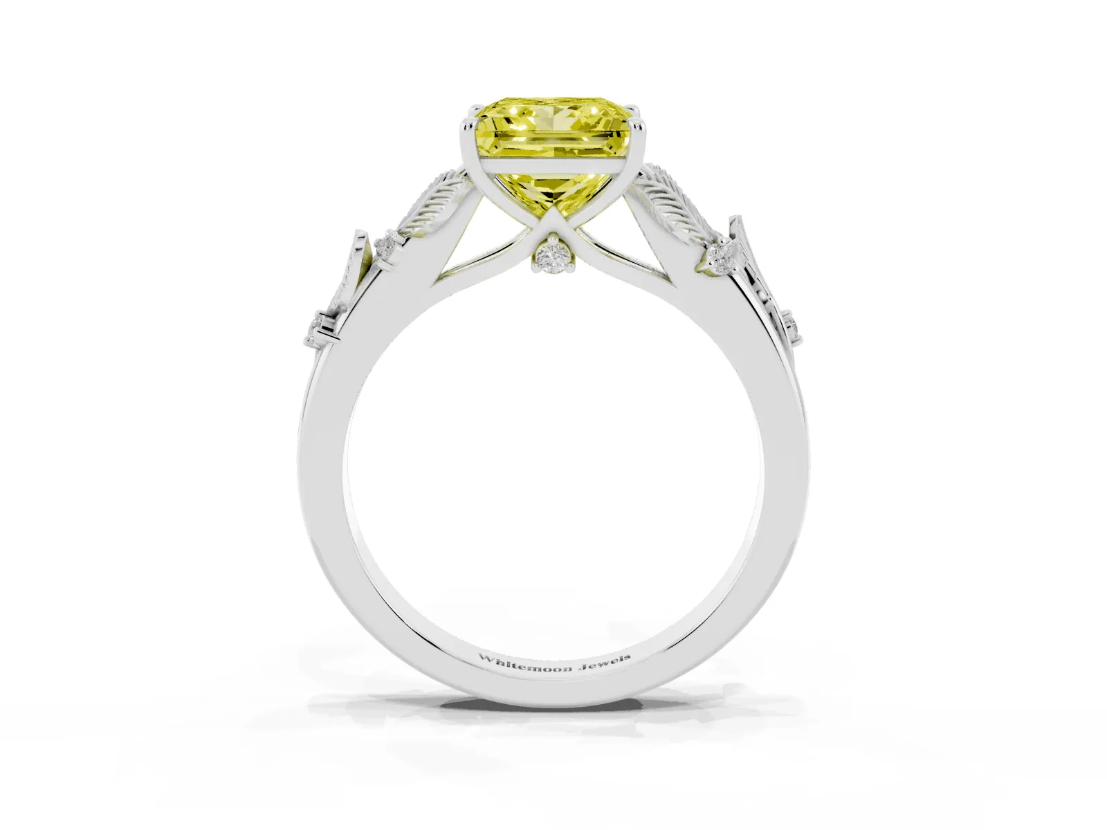 Fancy Yellow Princess Cut Diamond Solitaire Ring with Leaf Motif Band and Four-Prong Setting Platinum