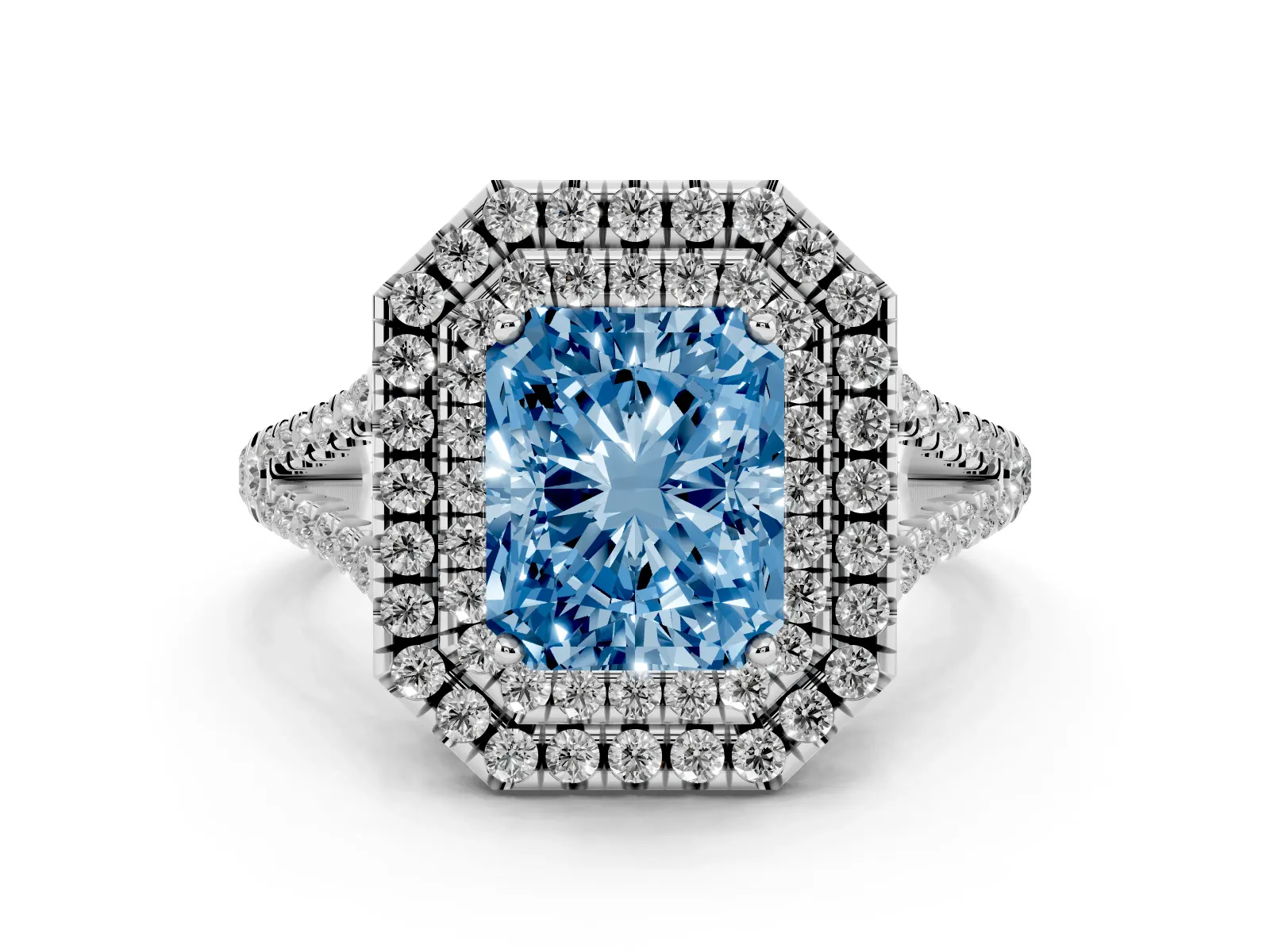 Fancy Blue Radiant Cut Diamond Double Halo Ring with Pavé Band and Prong Setting Platinum