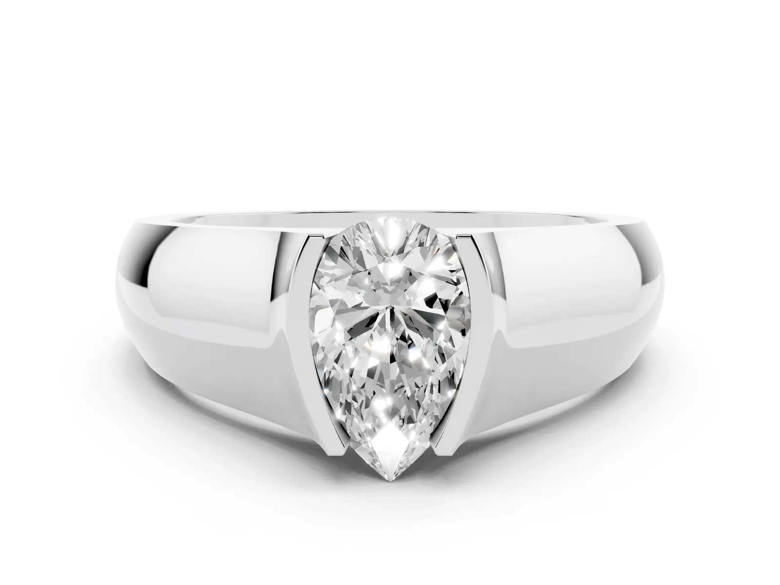 Pear Cut Solitaire Bezel Set Diamond Ring with Wide Band White gold