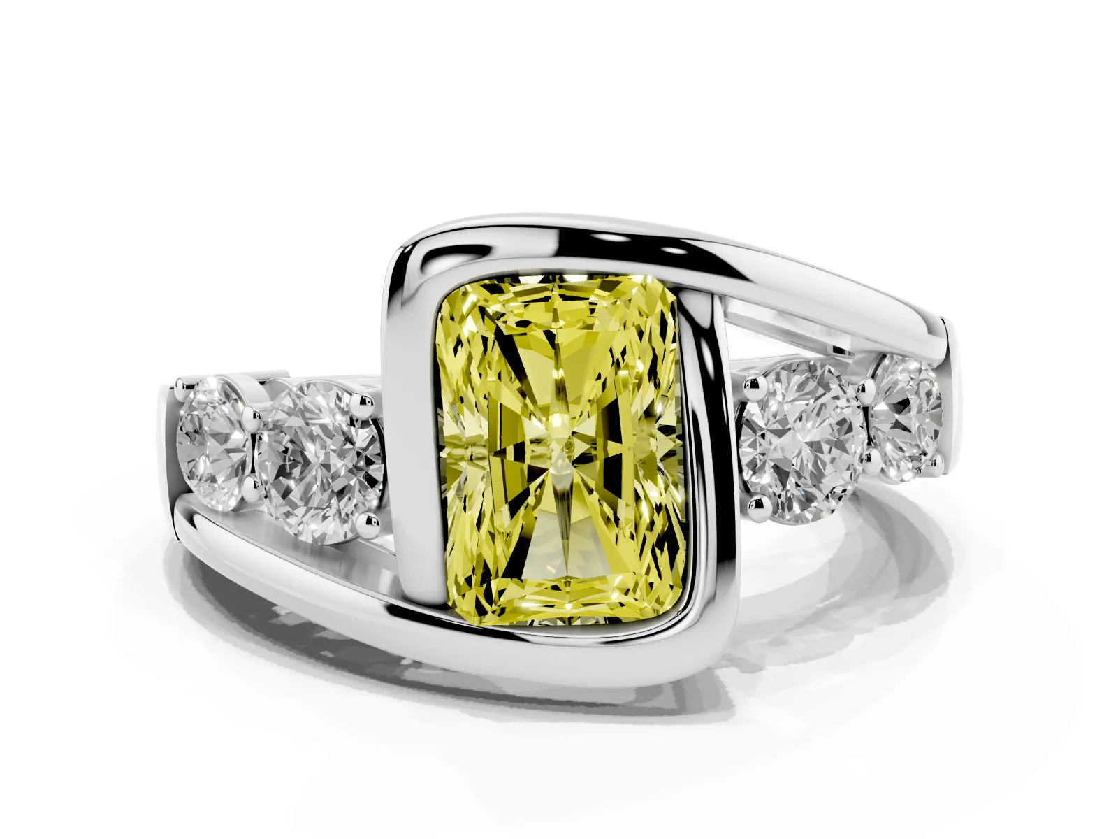 Fancy Yellow Bezel Set Radiant Cut Diamond Bypass Ring with Round Accents White gold