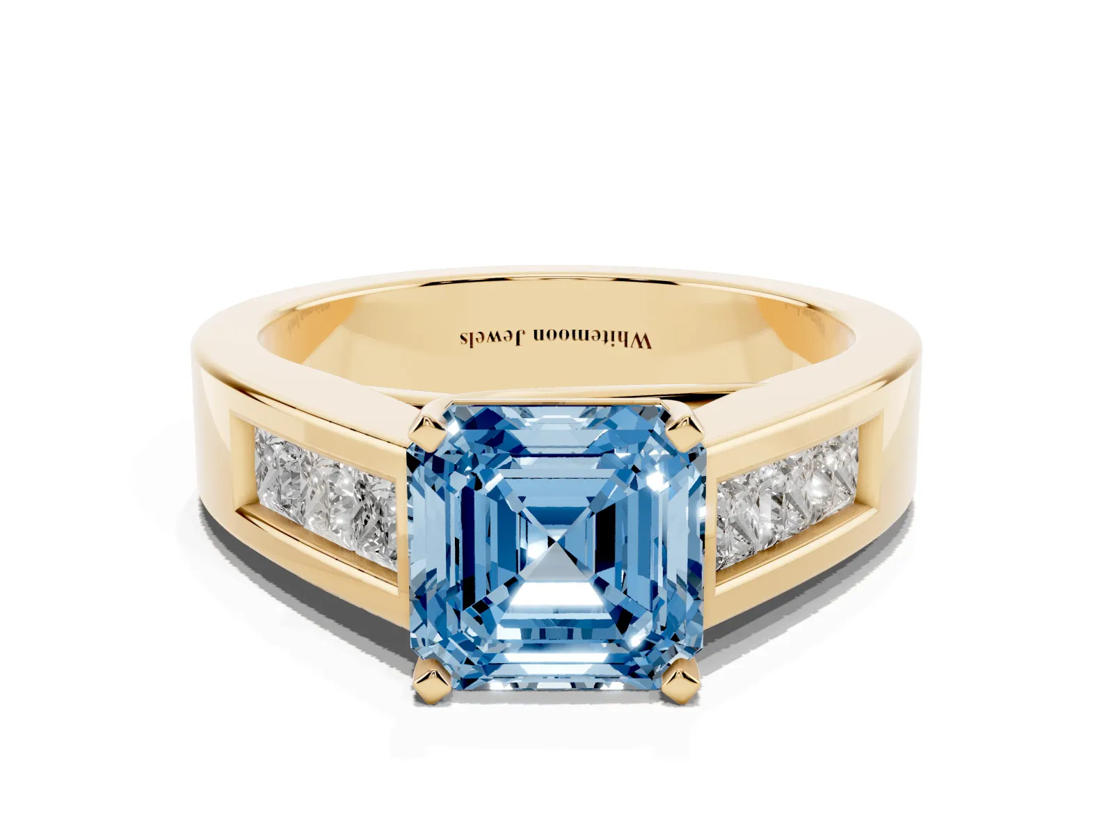 Fancy Blue Asscher Cut Cut Channel Set Solitaire Ring with Four-Prong Setting Yellow gold