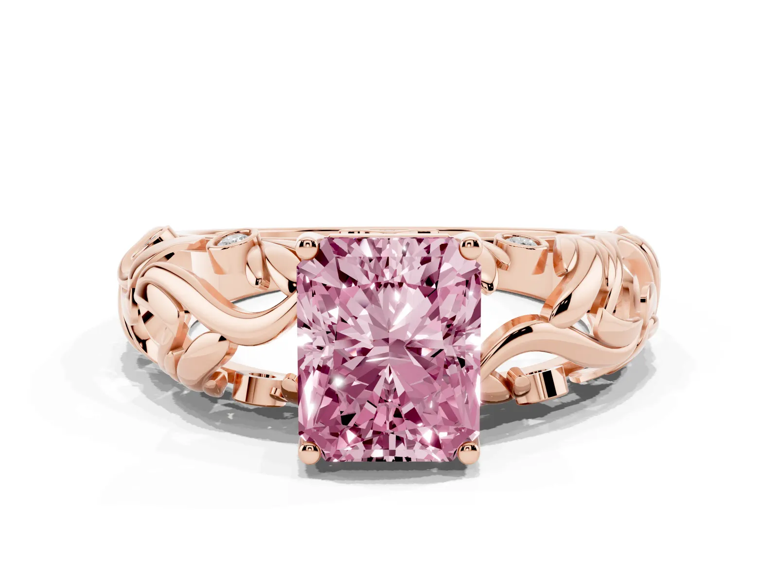 Fancy Pink Radiant Cut Solitaire Diamond Leaf-Inspired Vine Band Ring with Prong Setting Rose gold