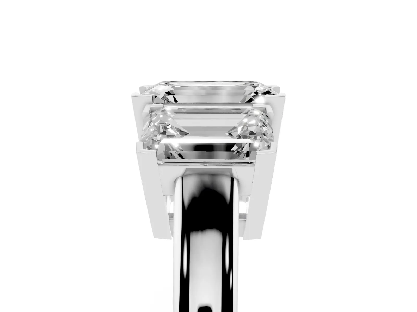 Three-Stone Emerald Cut Cut Diamond Ring with Channel Set Band and Four-Prong Setting Platinum