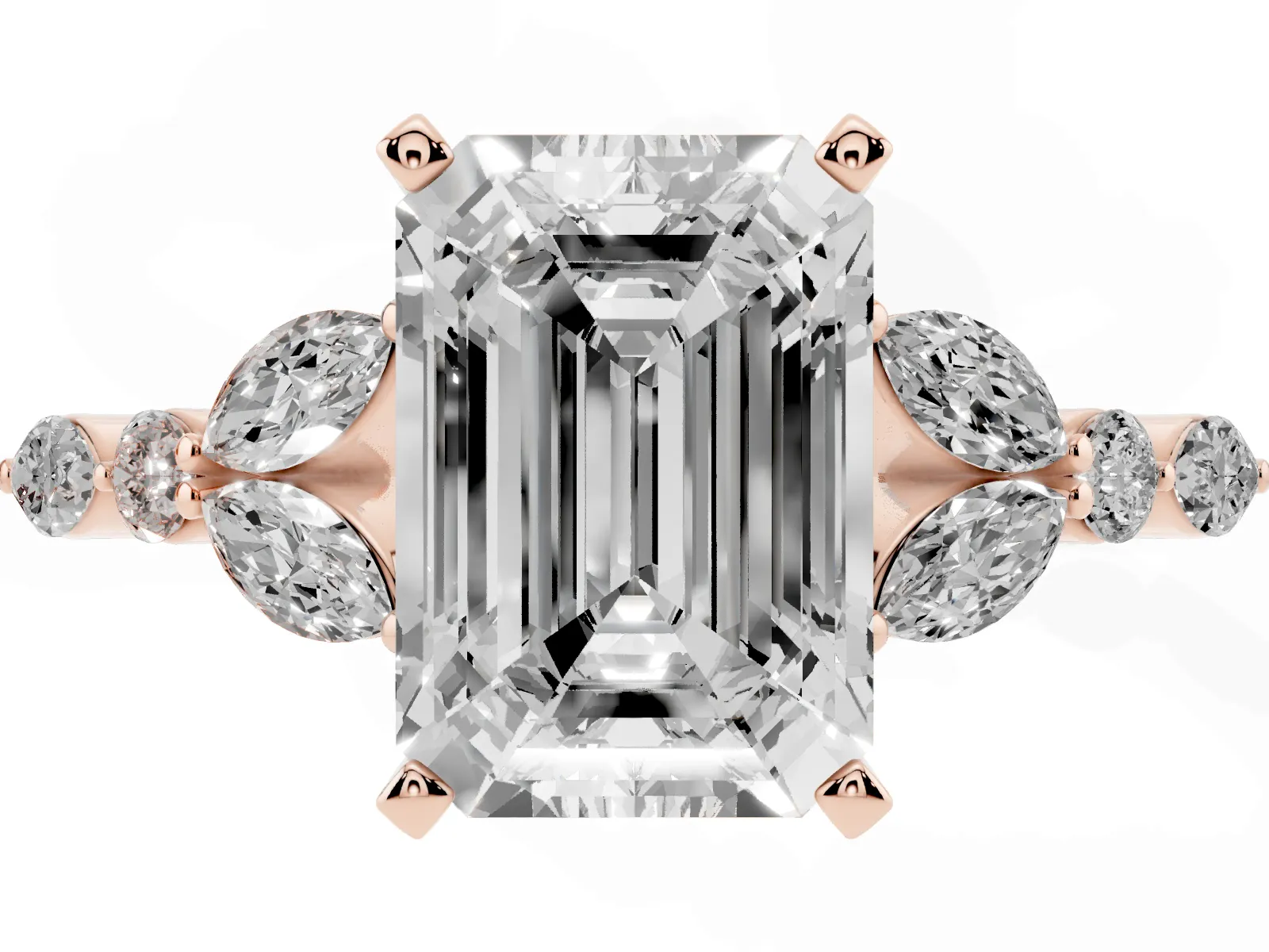 Emerald Cut Diamond Solitaire Ring with Side Stones and Four-Prong Setting Rose gold