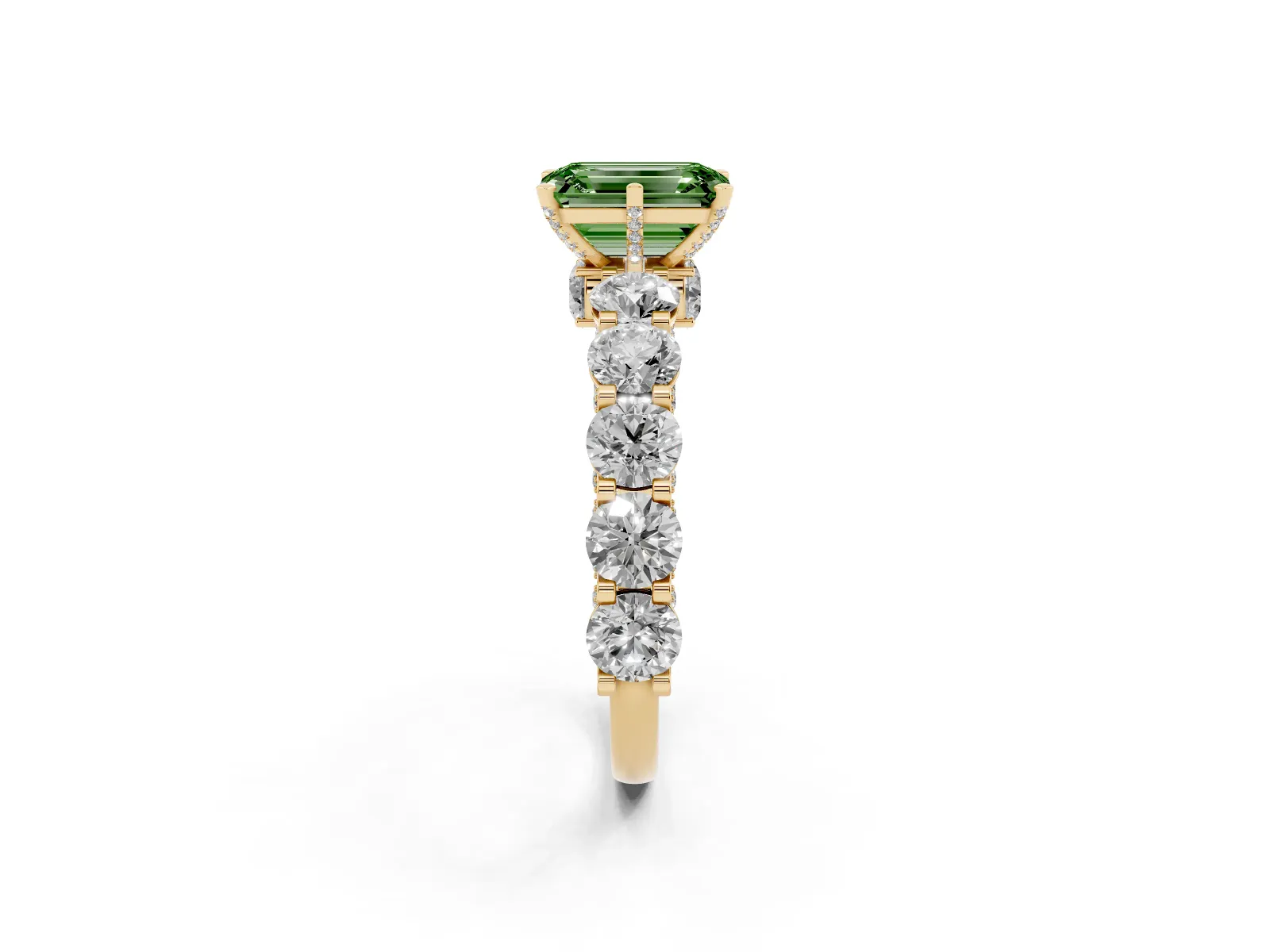 Fancy Green Emerald Cut Diamond Side Stone Engagement Ring with Four-Prong Setting Yellow gold