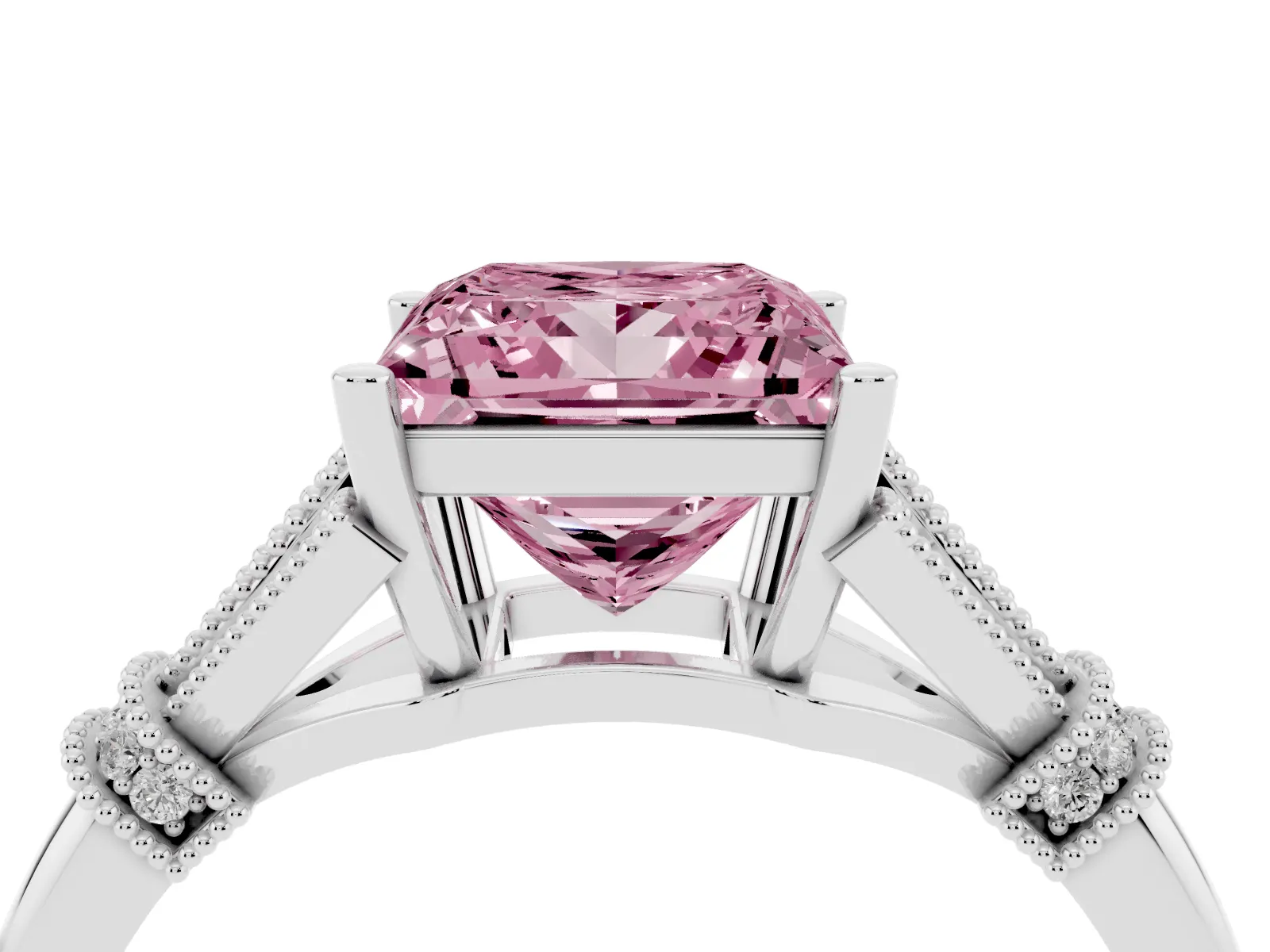 Fancy Pink Princess Cut Diamond Solitaire Ring with Floral Filigree and Pave Accents Platinum