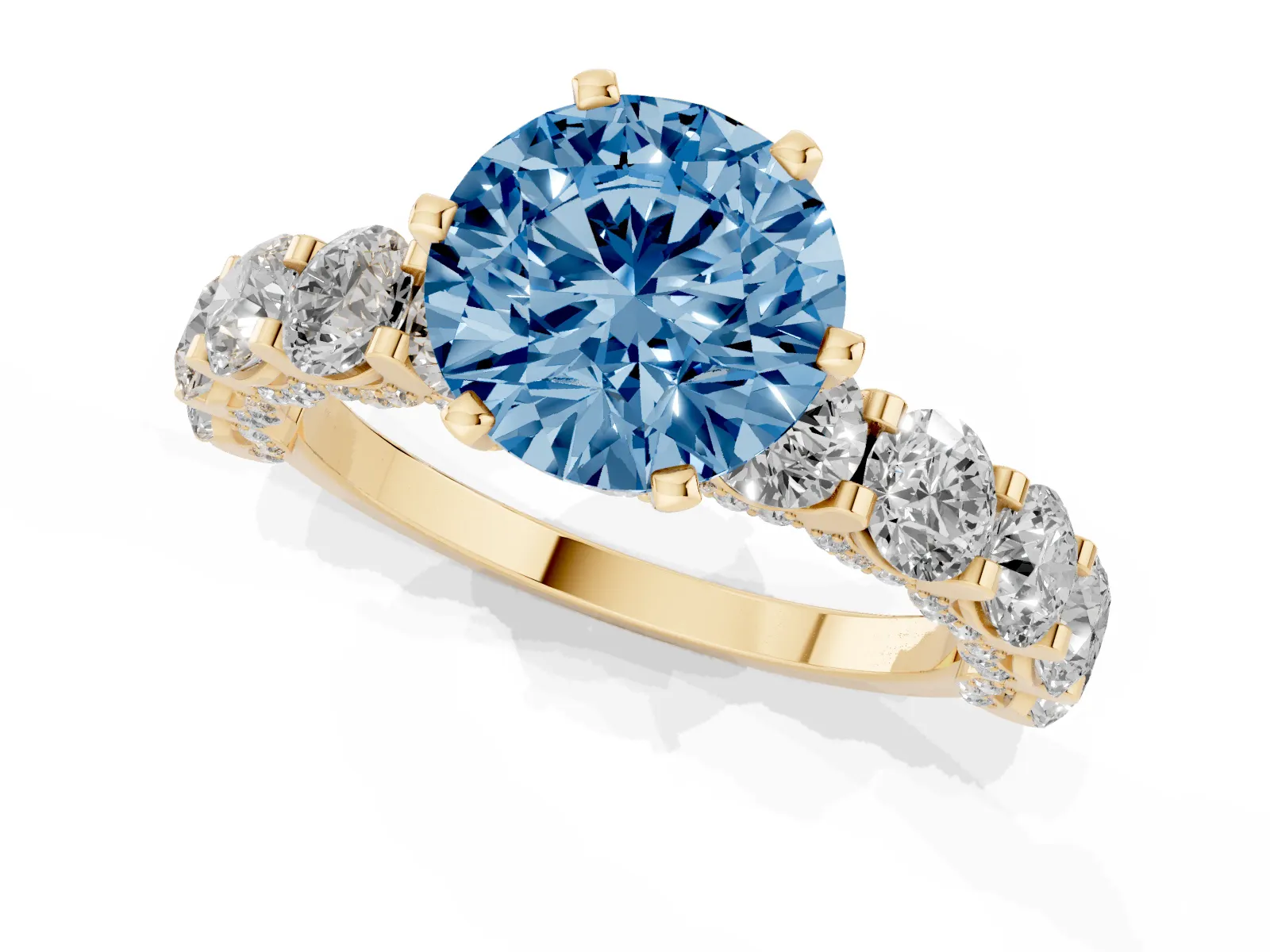 Fancy Blue Round Cut Diamond Side Stone Engagement Ring with Four-Prong Setting Yellow gold