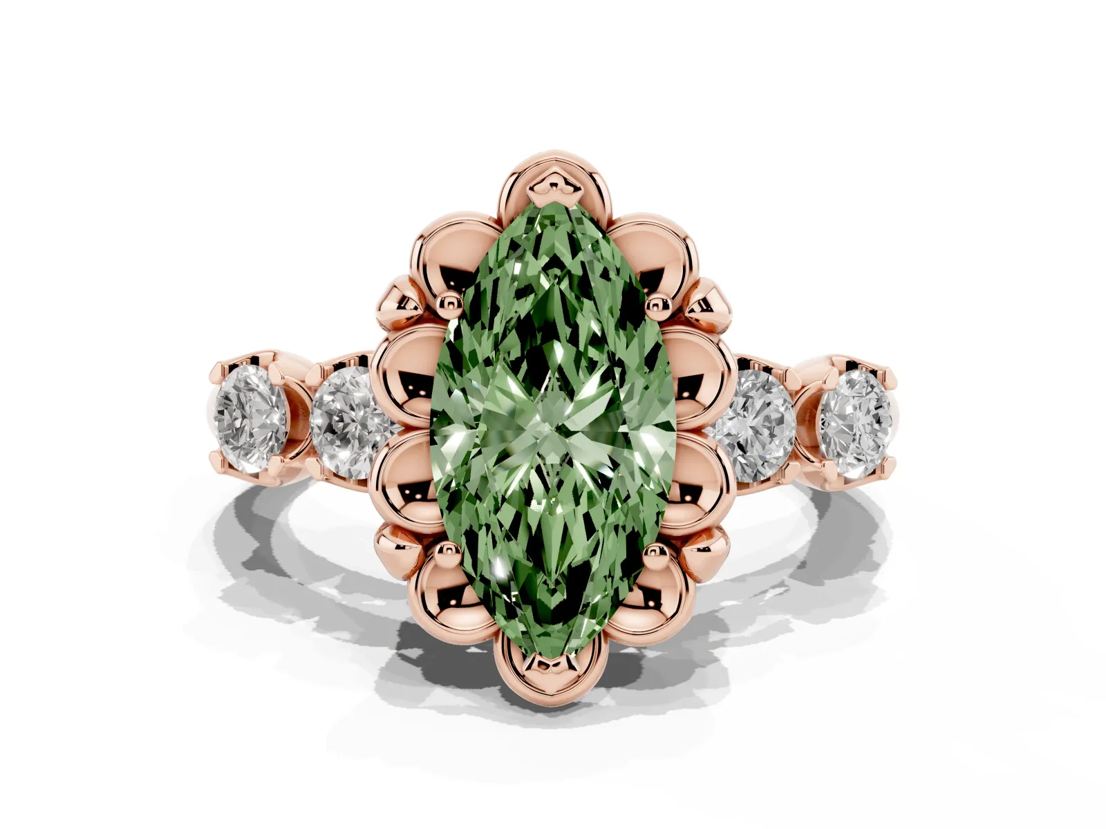 Fancy Green Marquise Cut Cut Diamond Floral Halo Engagement Ring with Shared Prong Setting Rose gold
