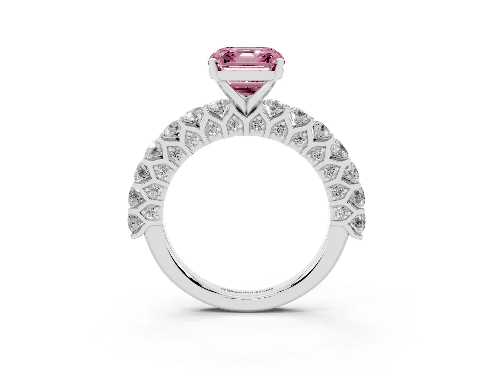 Fancy Pink Asscher Cut Diamond Solitaire Ring with Shared Prong Pavé Band and Four-Prong Setting White gold
